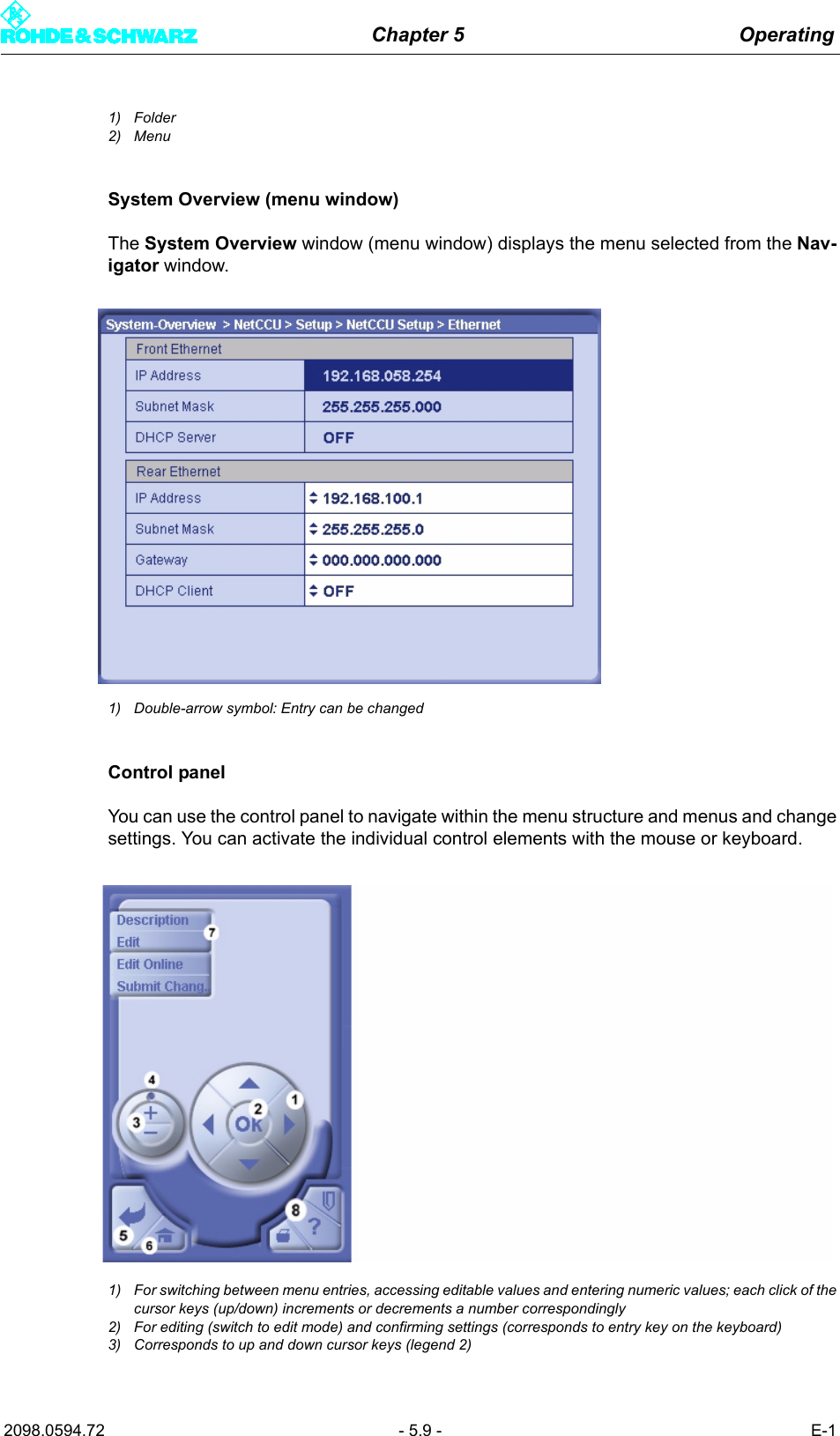 Chapter 5 Operating2098.0594.72 - 5.9 - E-11) Folder2) MenuSystem Overview (menu window)The System Overview window (menu window) displays the menu selected from the Nav-igator window.1) Double-arrow symbol: Entry can be changedControl panelYou can use the control panel to navigate within the menu structure and menus and changesettings. You can activate the individual control elements with the mouse or keyboard. 1) For switching between menu entries, accessing editable values and entering numeric values; each click of thecursor keys (up/down) increments or decrements a number correspondingly2) For editing (switch to edit mode) and confirming settings (corresponds to entry key on the keyboard)3) Corresponds to up and down cursor keys (legend 2)