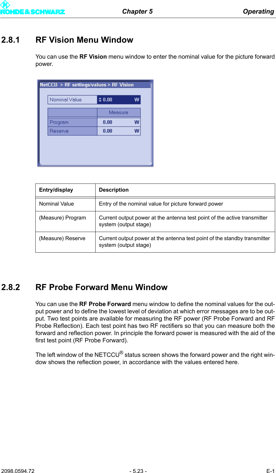 Chapter 5 Operating2098.0594.72 - 5.23 - E-12.8.1 RF Vision Menu WindowYou can use the RF Vision menu window to enter the nominal value for the picture forwardpower. 2.8.2 RF Probe Forward Menu WindowYou can use the RF Probe Forward menu window to define the nominal values for the out-put power and to define the lowest level of deviation at which error messages are to be out-put. Two test points are available for measuring the RF power (RF Probe Forward and RFProbe Reflection). Each test point has two RF rectifiers so that you can measure both theforward and reflection power. In principle the forward power is measured with the aid of thefirst test point (RF Probe Forward). The left window of the NETCCU&reg; status screen shows the forward power and the right win-dow shows the reflection power, in accordance with the values entered here.Entry/display DescriptionNominal Value Entry of the nominal value for picture forward power(Measure) Program Current output power at the antenna test point of the active transmitter system (output stage)(Measure) Reserve Current output power at the antenna test point of the standby transmitter system (output stage)
