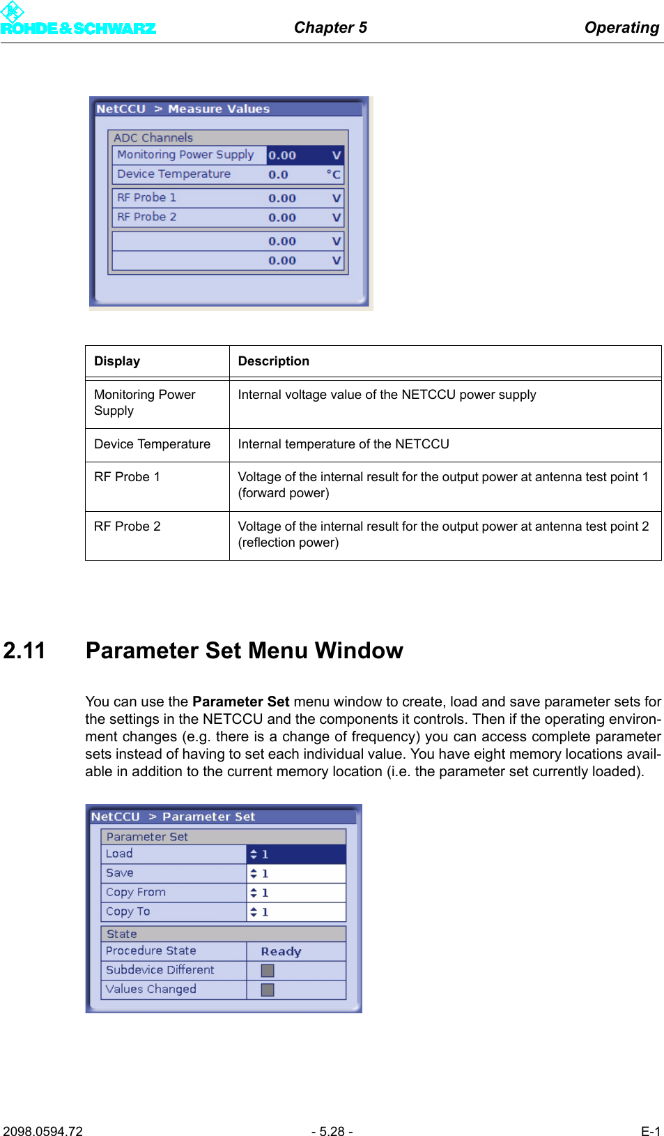 Chapter 5 Operating2098.0594.72 - 5.28 - E-12.11 Parameter Set Menu WindowYou can use the Parameter Set menu window to create, load and save parameter sets forthe settings in the NETCCU and the components it controls. Then if the operating environ-ment changes (e.g. there is a change of frequency) you can access complete parametersets instead of having to set each individual value. You have eight memory locations avail-able in addition to the current memory location (i.e. the parameter set currently loaded).Display DescriptionMonitoring Power SupplyInternal voltage value of the NETCCU power supplyDevice Temperature Internal temperature of the NETCCURF Probe 1 Voltage of the internal result for the output power at antenna test point 1 (forward power)RF Probe 2 Voltage of the internal result for the output power at antenna test point 2 (reflection power)