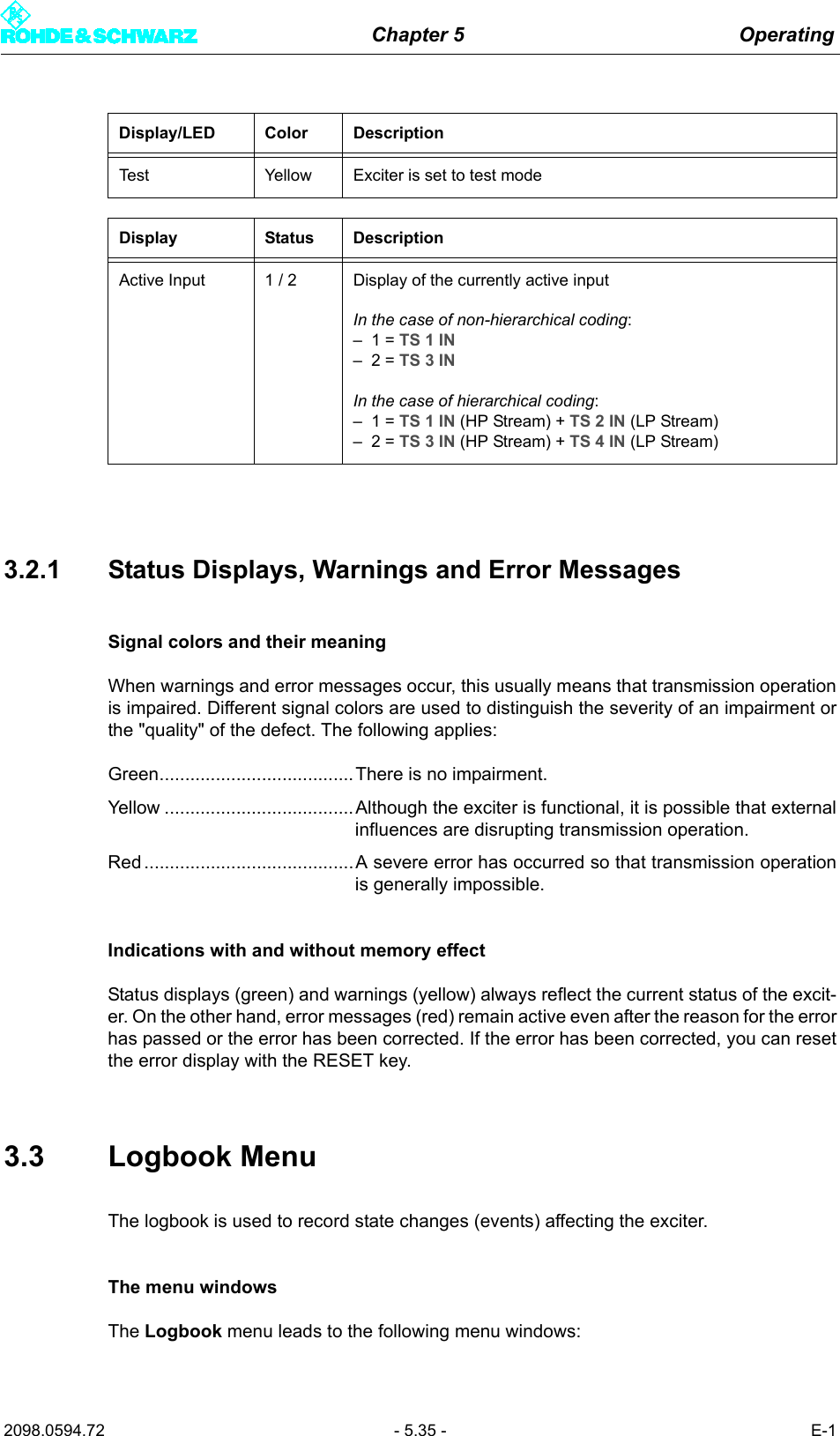 Chapter 5 Operating2098.0594.72 - 5.35 - E-13.2.1 Status Displays, Warnings and Error MessagesSignal colors and their meaningWhen warnings and error messages occur, this usually means that transmission operationis impaired. Different signal colors are used to distinguish the severity of an impairment orthe "quality" of the defect. The following applies:Green......................................There is no impairment.Yellow .....................................Although the exciter is functional, it is possible that externalinfluences are disrupting transmission operation.Red .........................................A severe error has occurred so that transmission operationis generally impossible.Indications with and without memory effectStatus displays (green) and warnings (yellow) always reflect the current status of the excit-er. On the other hand, error messages (red) remain active even after the reason for the errorhas passed or the error has been corrected. If the error has been corrected, you can resetthe error display with the RESET key.3.3 Logbook MenuThe logbook is used to record state changes (events) affecting the exciter. The menu windowsThe Logbook menu leads to the following menu windows:Test Yellow Exciter is set to test modeDisplay Status DescriptionActive Input 1 / 2 Display of the currently active inputIn the case of non-hierarchical coding:&ndash;1 = TS 1 IN&ndash;2 = TS 3 INIn the case of hierarchical coding:&ndash;1 = TS 1 IN (HP Stream) + TS 2 IN (LP Stream)&ndash;2 = TS 3 IN (HP Stream) + TS 4 IN (LP Stream)Display/LED Color Description