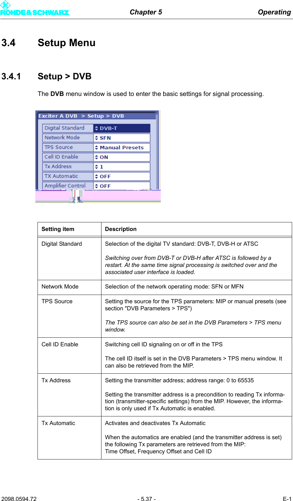 Chapter 5 Operating2098.0594.72 - 5.37 - E-13.4 Setup Menu3.4.1 Setup > DVBThe DVB menu window is used to enter the basic settings for signal processing.Setting item DescriptionDigital Standard Selection of the digital TV standard: DVB-T, DVB-H or ATSCSwitching over from DVB-T or DVB-H after ATSC is followed by a restart. At the same time signal processing is switched over and the associated user interface is loaded.Network Mode Selection of the network operating mode: SFN or MFNTPS Source Setting the source for the TPS parameters: MIP or manual presets (see section "DVB Parameters > TPS")The TPS source can also be set in the DVB Parameters > TPS menu window.Cell ID Enable Switching cell ID signaling on or off in the TPSThe cell ID itself is set in the DVB Parameters > TPS menu window. It can also be retrieved from the MIP.Tx Address Setting the transmitter address; address range: 0 to 65535Setting the transmitter address is a precondition to reading Tx informa-tion (transmitter-specific settings) from the MIP. However, the informa-tion is only used if Tx Automatic is enabled.Tx Automatic Activates and deactivates Tx AutomaticWhen the automatics are enabled (and the transmitter address is set) the following Tx parameters are retrieved from the MIP:Time Offset, Frequency Offset and Cell ID