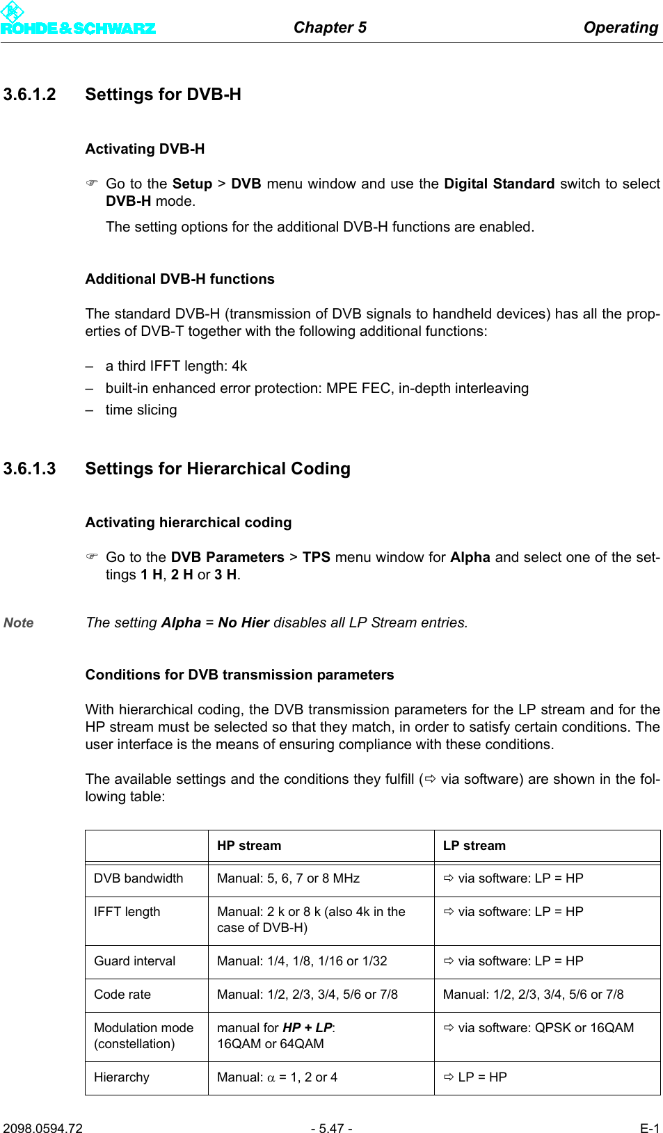 Chapter 5 Operating2098.0594.72 - 5.47 - E-13.6.1.2 Settings for DVB-HActivating DVB-H)Go to the Setup > DVB menu window and use the Digital Standard switch to selectDVB-H mode.The setting options for the additional DVB-H functions are enabled.Additional DVB-H functionsThe standard DVB-H (transmission of DVB signals to handheld devices) has all the prop-erties of DVB-T together with the following additional functions:&ndash; a third IFFT length: 4k&ndash; built-in enhanced error protection: MPE FEC, in-depth interleaving&ndash; time slicing3.6.1.3 Settings for Hierarchical CodingActivating hierarchical coding)Go to the DVB Parameters > TPS menu window for Alpha and select one of the set-tings 1H, 2H or 3H.Note The setting Alpha = No Hier disables all LP Stream entries.Conditions for DVB transmission parametersWith hierarchical coding, the DVB transmission parameters for the LP stream and for theHP stream must be selected so that they match, in order to satisfy certain conditions. Theuser interface is the means of ensuring compliance with these conditions.The available settings and the conditions they fulfill (&Ouml; via software) are shown in the fol-lowing table:HP stream LP streamDVB bandwidth Manual: 5, 6, 7 or 8 MHz &Ouml; via software: LP = HPIFFT length Manual: 2 k or 8 k (also 4k in the case of DVB-H)&Ouml; via software: LP = HPGuard interval Manual: 1/4, 1/8, 1/16 or 1/32 &Ouml; via software: LP = HPCode rate Manual: 1/2, 2/3, 3/4, 5/6 or 7/8 Manual: 1/2, 2/3, 3/4, 5/6 or 7/8Modulation mode(constellation)manual for HP + LP: 16QAM or 64QAM&Ouml; via software: QPSK or 16QAMHierarchy Manual: &alpha; = 1, 2 or 4 &Ouml; LP = HP