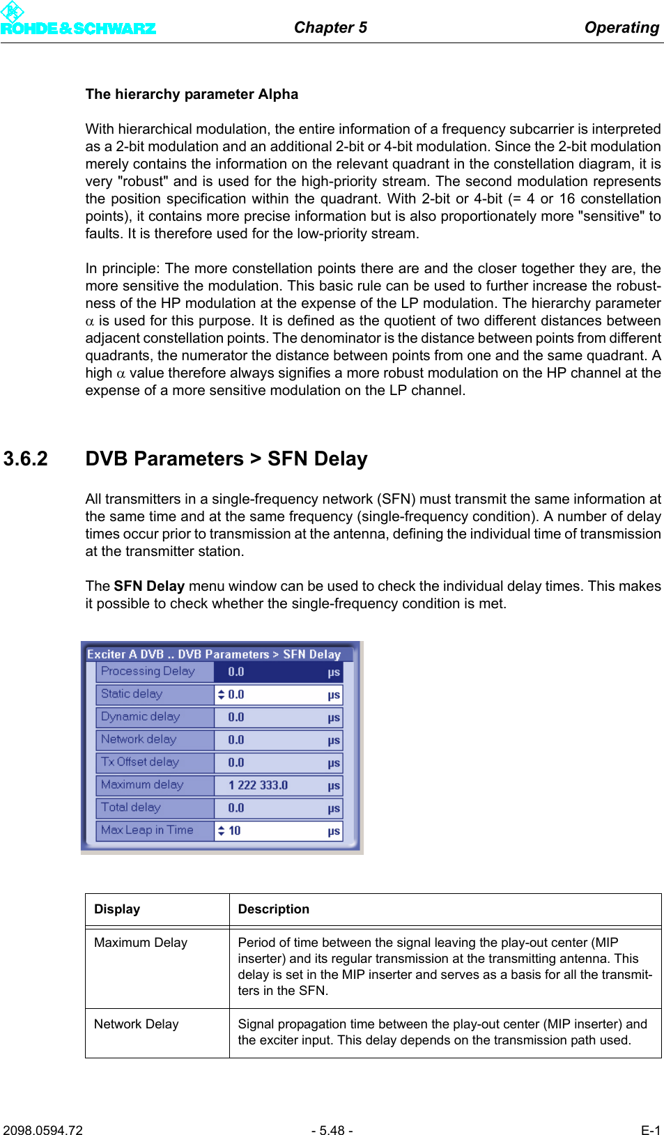 Chapter 5 Operating2098.0594.72 - 5.48 - E-1The hierarchy parameter AlphaWith hierarchical modulation, the entire information of a frequency subcarrier is interpretedas a 2-bit modulation and an additional 2-bit or 4-bit modulation. Since the 2-bit modulationmerely contains the information on the relevant quadrant in the constellation diagram, it isvery "robust" and is used for the high-priority stream. The second modulation representsthe position specification within the quadrant. With 2-bit or 4-bit (= 4 or 16 constellationpoints), it contains more precise information but is also proportionately more "sensitive" tofaults. It is therefore used for the low-priority stream.In principle: The more constellation points there are and the closer together they are, themore sensitive the modulation. This basic rule can be used to further increase the robust-ness of the HP modulation at the expense of the LP modulation. The hierarchy parameter&alpha; is used for this purpose. It is defined as the quotient of two different distances betweenadjacent constellation points. The denominator is the distance between points from differentquadrants, the numerator the distance between points from one and the same quadrant. Ahigh &alpha; value therefore always signifies a more robust modulation on the HP channel at theexpense of a more sensitive modulation on the LP channel.3.6.2 DVB Parameters > SFN DelayAll transmitters in a single-frequency network (SFN) must transmit the same information atthe same time and at the same frequency (single-frequency condition). A number of delaytimes occur prior to transmission at the antenna, defining the individual time of transmissionat the transmitter station.The SFN Delay menu window can be used to check the individual delay times. This makesit possible to check whether the single-frequency condition is met.Display DescriptionMaximum Delay Period of time between the signal leaving the play-out center (MIP inserter) and its regular transmission at the transmitting antenna. This delay is set in the MIP inserter and serves as a basis for all the transmit-ters in the SFN.Network Delay Signal propagation time between the play-out center (MIP inserter) and the exciter input. This delay depends on the transmission path used.