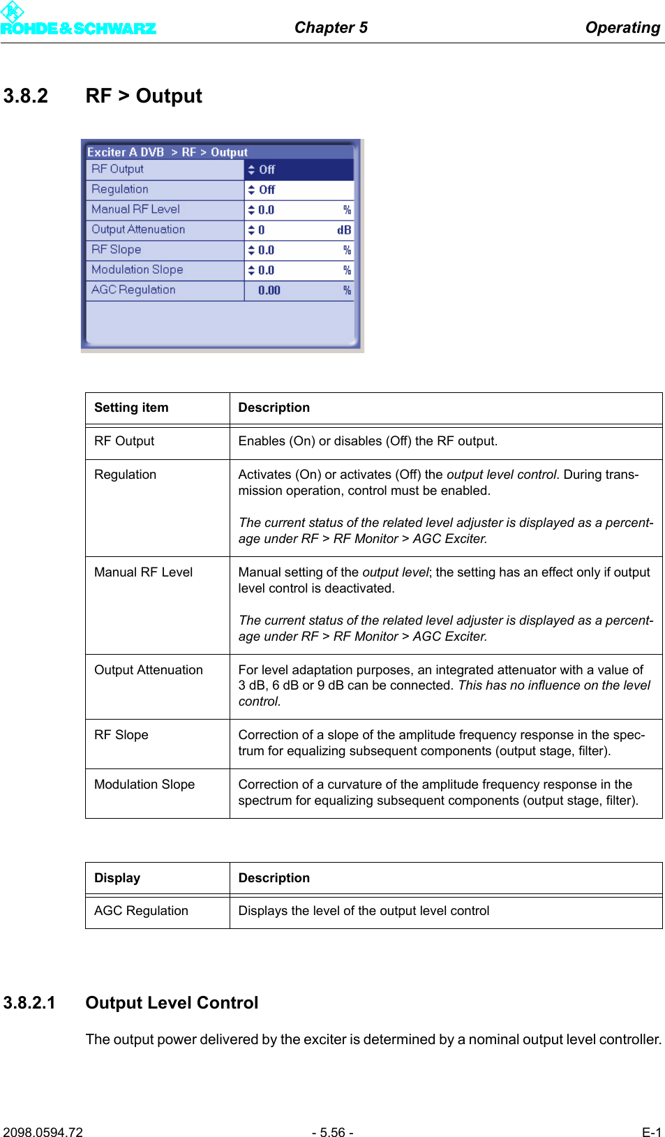 Chapter 5 Operating2098.0594.72 - 5.56 - E-13.8.2 RF > Output3.8.2.1 Output Level ControlThe output power delivered by the exciter is determined by a nominal output level controller.Setting item DescriptionRF Output Enables (On) or disables (Off) the RF output.Regulation Activates (On) or activates (Off) the output level control. During trans-mission operation, control must be enabled.The current status of the related level adjuster is displayed as a percent-age under RF > RF Monitor > AGC Exciter.Manual RF Level Manual setting of the output level; the setting has an effect only if output level control is deactivated.The current status of the related level adjuster is displayed as a percent-age under RF > RF Monitor > AGC Exciter.Output Attenuation For level adaptation purposes, an integrated attenuator with a value of 3 dB, 6 dB or 9 dB can be connected. This has no influence on the level control.RF Slope Correction of a slope of the amplitude frequency response in the spec-trum for equalizing subsequent components (output stage, filter).Modulation Slope Correction of a curvature of the amplitude frequency response in the spectrum for equalizing subsequent components (output stage, filter).Display DescriptionAGC Regulation Displays the level of the output level control