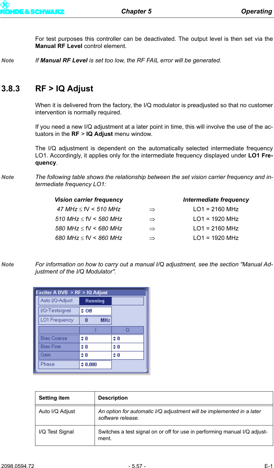 Chapter 5 Operating2098.0594.72 - 5.57 - E-1For test purposes this controller can be deactivated. The output level is then set via theManual RF Level control element.Note If Manual RF Level is set too low, the RF FAIL error will be generated.3.8.3 RF > IQ AdjustWhen it is delivered from the factory, the I/Q modulator is preadjusted so that no customerintervention is normally required.If you need a new I/Q adjustment at a later point in time, this will involve the use of the ac-tuators in the RF > IQ Adjust menu window. The I/Q adjustment is dependent on the automatically selected intermediate frequencyLO1. Accordingly, it applies only for the intermediate frequency displayed under LO1 Fre-quency.Note The following table shows the relationship between the set vision carrier frequency and in-termediate frequency LO1:Note For information on how to carry out a manual I/Q adjustment, see the section "Manual Ad-justment of the I/Q Modulator".Vision carrier frequency Intermediate frequency47 MHz &le; fV < 510 MHz &rArr;LO1 = 2160 MHz510 MHz &le; fV < 580 MHz &rArr;LO1 = 1920 MHz580 MHz &le; fV < 680 MHz &rArr;LO1 = 2160 MHz680 MHz &le; fV < 860 MHz &rArr;LO1 = 1920 MHzSetting item DescriptionAuto I/Q Adjust An option for automatic I/Q adjustment will be implemented in a later software release.I/Q Test Signal Switches a test signal on or off for use in performing manual I/Q adjust-ment.