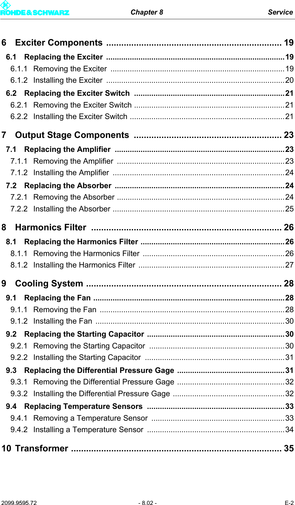 Chapter 8 Service2099.9595.72 - 8.02 - E-26 Exciter Components ...................................................................... 196.1 Replacing the Exciter  ...................................................................................196.1.1 Removing the Exciter  .................................................................................196.1.2 Installing the Exciter  ...................................................................................206.2 Replacing the Exciter Switch  ......................................................................216.2.1 Removing the Exciter Switch ......................................................................216.2.2 Installing the Exciter Switch ........................................................................217 Output Stage Components  ........................................................... 237.1 Replacing the Amplifier  ...............................................................................237.1.1 Removing the Amplifier ..............................................................................237.1.2 Installing the Amplifier  ................................................................................247.2 Replacing the Absorber  ...............................................................................247.2.1 Removing the Absorber ..............................................................................247.2.2 Installing the Absorber ................................................................................258 Harmonics Filter  ............................................................................ 268.1 Replacing the Harmonics Filter ...................................................................268.1.1 Removing the Harmonics Filter  ..................................................................268.1.2 Installing the Harmonics Filter ....................................................................279 Cooling System .............................................................................. 289.1 Replacing the Fan .........................................................................................289.1.1 Removing the Fan  ......................................................................................289.1.2 Installing the Fan  ........................................................................................309.2 Replacing the Starting Capacitor ................................................................309.2.1 Removing the Starting Capacitor ...............................................................309.2.2 Installing the Starting Capacitor .................................................................319.3 Replacing the Differential Pressure Gage ..................................................319.3.1 Removing the Differential Pressure Gage ..................................................329.3.2 Installing the Differential Pressure Gage ....................................................329.4 Replacing Temperature Sensors ................................................................339.4.1 Removing a Temperature Sensor  ..............................................................339.4.2 Installing a Temperature Sensor ................................................................3410 Transformer .................................................................................... 35