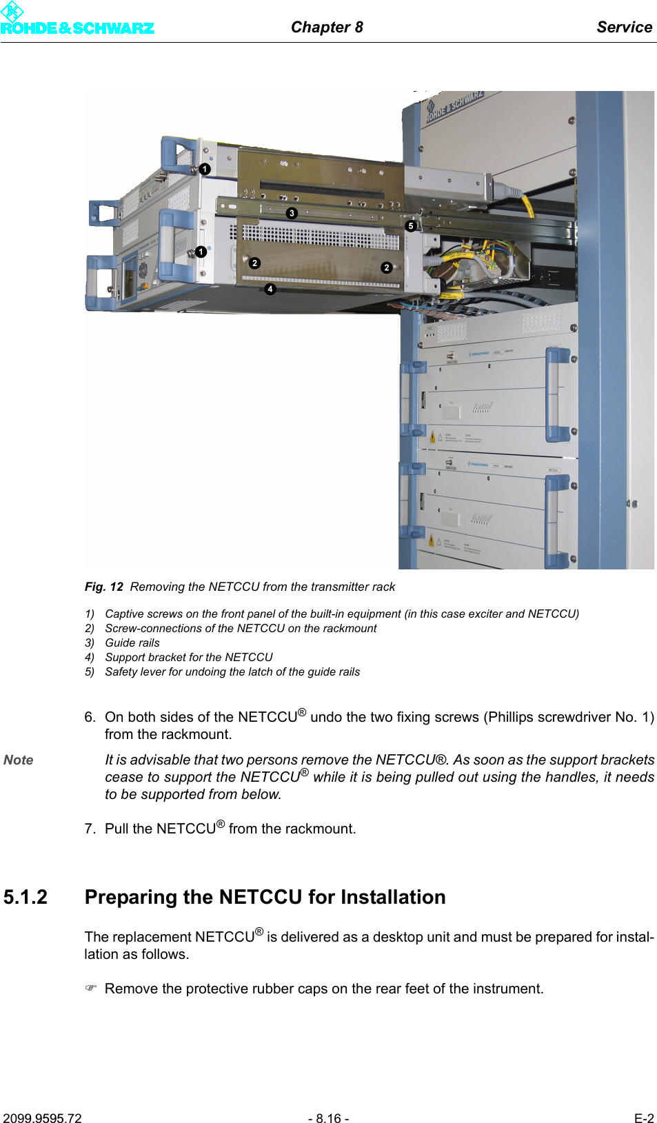 Chapter 8 Service2099.9595.72 - 8.16 - E-2Fig. 12 Removing the NETCCU from the transmitter rack1) Captive screws on the front panel of the built-in equipment (in this case exciter and NETCCU)2) Screw-connections of the NETCCU on the rackmount3) Guide rails4) Support bracket for the NETCCU5) Safety lever for undoing the latch of the guide rails6. On both sides of the NETCCU&reg; undo the two fixing screws (Phillips screwdriver No. 1)from the rackmount. Note It is advisable that two persons remove the NETCCU&reg;. As soon as the support bracketscease to support the NETCCU&reg; while it is being pulled out using the handles, it needsto be supported from below. 7. Pull the NETCCU&reg; from the rackmount.5.1.2 Preparing the NETCCU for InstallationThe replacement NETCCU&reg; is delivered as a desktop unit and must be prepared for instal-lation as follows.)Remove the protective rubber caps on the rear feet of the instrument.