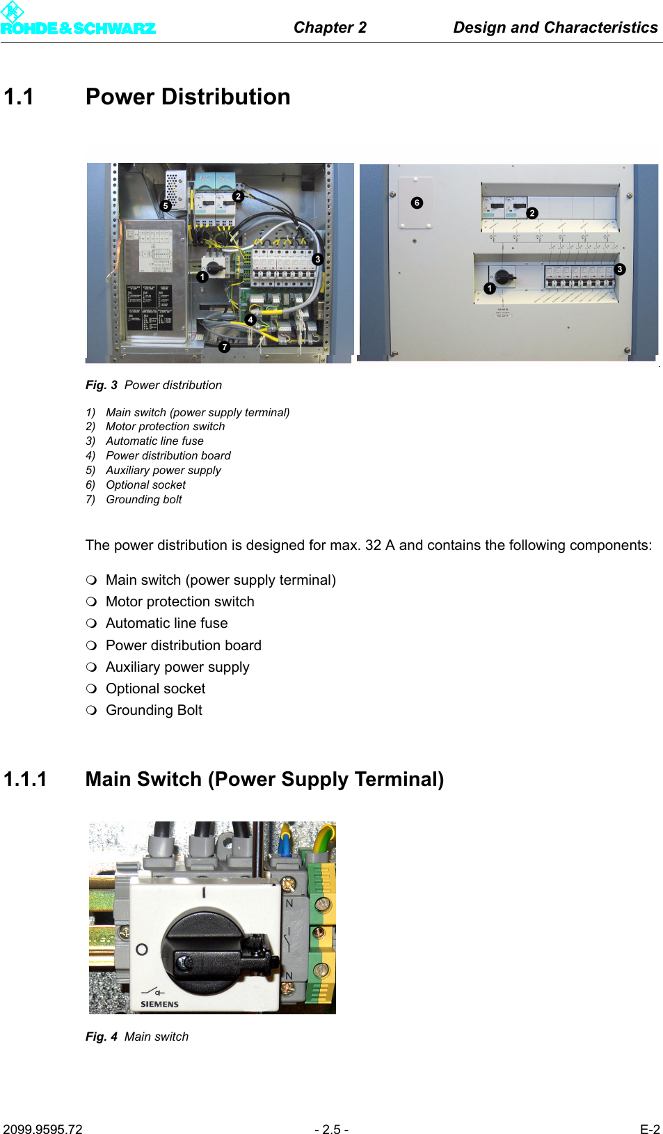 Chapter 2 Design and Characteristics2099.9595.72 - 2.5 - E-21.1 Power DistributionFig. 3 Power distribution1) Main switch (power supply terminal)2) Motor protection switch3) Automatic line fuse4) Power distribution board5) Auxiliary power supply6) Optional socket7) Grounding boltThe power distribution is designed for max. 32 A and contains the following components:Main switch (power supply terminal)Motor protection switchAutomatic line fusePower distribution boardAuxiliary power supplyOptional socketGrounding Bolt1.1.1 Main Switch (Power Supply Terminal)Fig. 4 Main switch