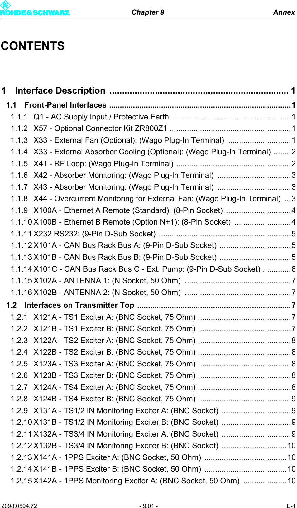 Chapter 9 Annex2098.0594.72 - 9.01 - E-1CONTENTS1 Interface Description  ....................................................................... 11.1 Front-Panel Interfaces ....................................................................................11.1.1 Q1 - AC Supply Input / Protective Earth .......................................................11.1.2 X57 - Optional Connector Kit ZR800Z1 ........................................................11.1.3 X33 - External Fan (Optional): (Wago Plug-In Terminal)  .............................11.1.4 X33 - External Absorber Cooling (Optional): (Wago Plug-In Terminal) ........21.1.5 X41 - RF Loop: (Wago Plug-In Terminal) .....................................................21.1.6 X42 - Absorber Monitoring: (Wago Plug-In Terminal)  ..................................31.1.7 X43 - Absorber Monitoring: (Wago Plug-In Terminal)  ..................................31.1.8 X44 - Overcurrent Monitoring for External Fan: (Wago Plug-In Terminal)  ...31.1.9 X100A - Ethernet A Remote (Standard): (8-Pin Socket)  ..............................41.1.10 X100B - Ethernet B Remote (Option N+1): (8-Pin Socket)  ..........................41.1.11 X232 RS232: (9-Pin D-Sub Socket) .............................................................51.1.12 X101A - CAN Bus Rack Bus A: (9-Pin D-Sub Socket) .................................51.1.13 X101B - CAN Bus Rack Bus B: (9-Pin D-Sub Socket) .................................51.1.14 X101C - CAN Bus Rack Bus C - Ext. Pump: (9-Pin D-Sub Socket) .............61.1.15 X102A - ANTENNA 1: (N Socket, 50 Ohm)  .................................................71.1.16 X102B - ANTENNA 2: (N Socket, 50 Ohm)  .................................................71.2 Interfaces on Transmitter Top .......................................................................71.2.1 X121A - TS1 Exciter A: (BNC Socket, 75 Ohm) ...........................................71.2.2 X121B - TS1 Exciter B: (BNC Socket, 75 Ohm) ...........................................71.2.3 X122A - TS2 Exciter A: (BNC Socket, 75 Ohm) ...........................................81.2.4 X122B - TS2 Exciter B: (BNC Socket, 75 Ohm) ...........................................81.2.5 X123A - TS3 Exciter A: (BNC Socket, 75 Ohm) ...........................................81.2.6 X123B - TS3 Exciter B: (BNC Socket, 75 Ohm) ...........................................81.2.7 X124A - TS4 Exciter A: (BNC Socket, 75 Ohm) ...........................................81.2.8 X124B - TS4 Exciter B: (BNC Socket, 75 Ohm) ...........................................91.2.9 X131A - TS1/2 IN Monitoring Exciter A: (BNC Socket)  ................................91.2.10 X131B - TS1/2 IN Monitoring Exciter B: (BNC Socket)  ................................91.2.11 X132A - TS3/4 IN Monitoring Exciter A: (BNC Socket)  ................................91.2.12 X132B - TS3/4 IN Monitoring Exciter B: (BNC Socket)  ..............................101.2.13 X141A - 1PPS Exciter A: (BNC Socket, 50 Ohm)  ......................................101.2.14 X141B - 1PPS Exciter B: (BNC Socket, 50 Ohm)  ......................................101.2.15 X142A - 1PPS Monitoring Exciter A: (BNC Socket, 50 Ohm) ....................10
