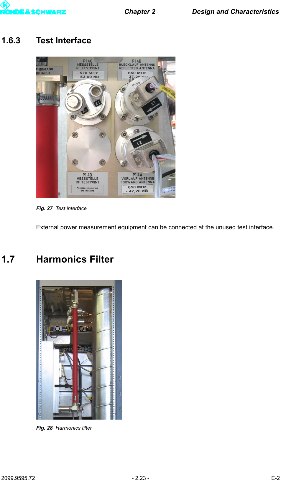 Chapter 2 Design and Characteristics2099.9595.72 - 2.23 - E-21.6.3 Test InterfaceFig. 27 Test interfaceExternal power measurement equipment can be connected at the unused test interface. 1.7 Harmonics FilterFig. 28 Harmonics filter