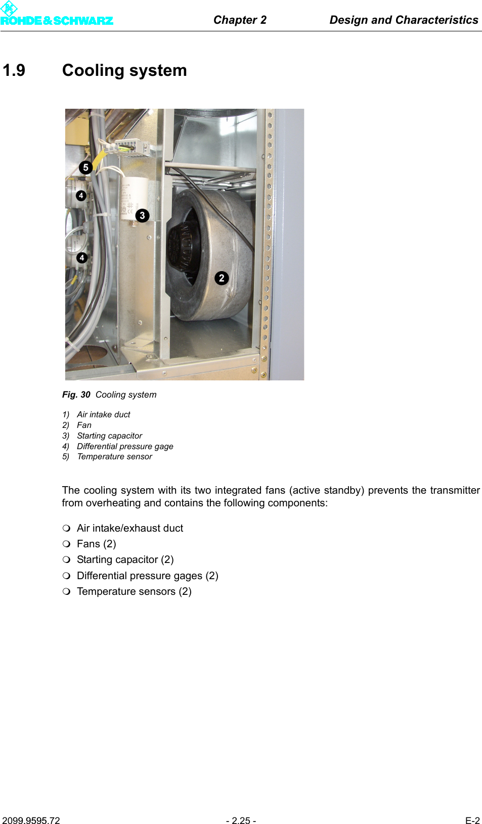 Chapter 2 Design and Characteristics2099.9595.72 - 2.25 - E-21.9 Cooling systemFig. 30 Cooling system1) Air intake duct2) Fan3) Starting capacitor4) Differential pressure gage5) Temperature sensorThe cooling system with its two integrated fans (active standby) prevents the transmitterfrom overheating and contains the following components:Air intake/exhaust ductFans (2)Starting capacitor (2)Differential pressure gages (2)Temperature sensors (2)