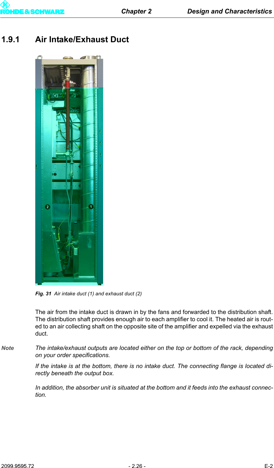 Chapter 2 Design and Characteristics2099.9595.72 - 2.26 - E-21.9.1 Air Intake/Exhaust DuctFig. 31 Air intake duct (1) and exhaust duct (2)The air from the intake duct is drawn in by the fans and forwarded to the distribution shaft.The distribution shaft provides enough air to each amplifier to cool it. The heated air is rout-ed to an air collecting shaft on the opposite site of the amplifier and expelled via the exhaustduct.Note The intake/exhaust outputs are located either on the top or bottom of the rack, dependingon your order specifications.If the intake is at the bottom, there is no intake duct. The connecting flange is located di-rectly beneath the output box. In addition, the absorber unit is situated at the bottom and it feeds into the exhaust connec-tion.