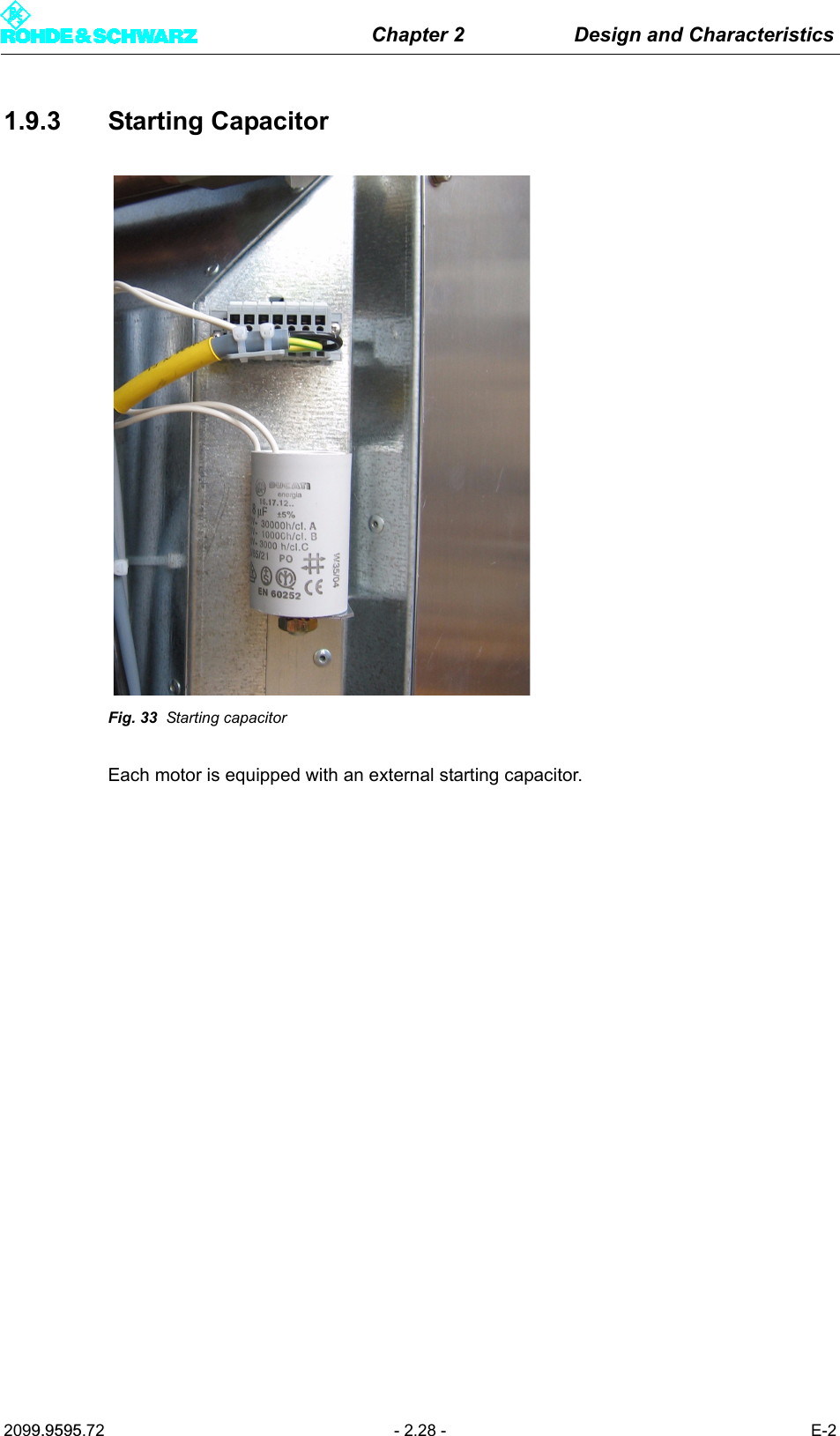 Chapter 2 Design and Characteristics2099.9595.72 - 2.28 - E-21.9.3 Starting CapacitorFig. 33 Starting capacitorEach motor is equipped with an external starting capacitor.