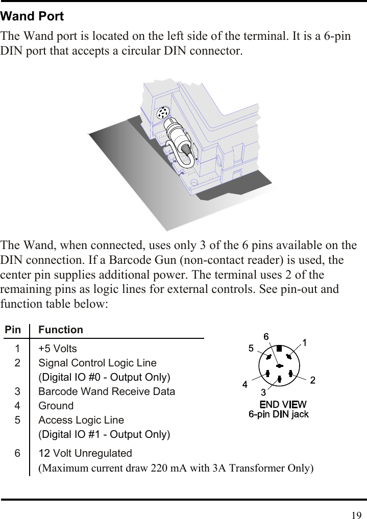  Wand Port The Wand port is located on the left side of the terminal. It is a 6-pin DIN port that accepts a circular DIN connector.                 The Wand, when connected, uses only 3 of the 6 pins available on the DIN connection. If a Barcode Gun (non-contact reader) is used, the center pin supplies additional power. The terminal uses 2 of the remaining pins as logic lines for external controls. See pin-out and function table below:   Pin   Function 1  +5 Volts    2  Signal Control Logic Line (Digital IO #0 - Output Only)  3  Barcode Wand Receive Data 4 Ground 5  Access Logic Line (Digital IO #1 - Output Only) 6  12 Volt Unregulated     (Maximum current draw 220 mA with 3A Transformer Only)    19