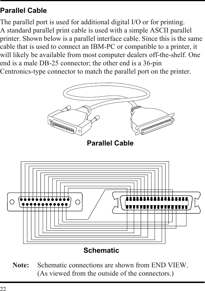  Parallel Cable The parallel port is used for additional digital I/O or for printing.   A standard parallel print cable is used with a simple ASCII parallel printer. Shown below is a parallel interface cable. Since this is the same cable that is used to connect an IBM-PC or compatible to a printer, it will likely be available from most computer dealers off-the-shelf. One end is a male DB-25 connector; the other end is a 36-pin Centronics-type connector to match the parallel port on the printer.            Note:    Schematic connections are shown from END VIEW.   (As viewed from the outside of the connectors.)   22Parallel CableSchematic