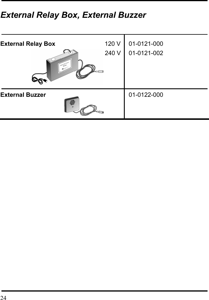  External Relay Box, External Buzzer  External Relay Box                 120 V 01-0121-000                                     240 V 01-0121-002    External Buzzer  01-0122-000              24