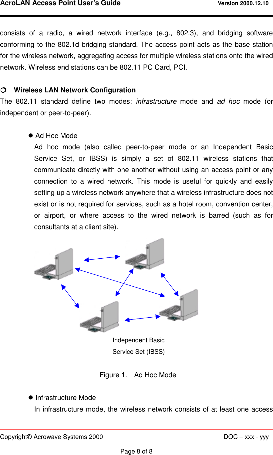 AcroLAN Access Point User’s Guide                                 Version 2000.12.10   Copyright© Acrowave Systems 2000                      DOC – xxx - yyy  Page 8 of 8 consists of a radio, a wired network interface (e.g., 802.3), and bridging software conforming to the 802.1d bridging standard. The access point acts as the base station for the wireless network, aggregating access for multiple wireless stations onto the wired network. Wireless end stations can be 802.11 PC Card, PCI.  !!!!    Wireless LAN Network Configuration The 802.11 standard define two modes: infrastructure  mode and ad hoc mode (or independent or peer-to-peer).  &quot; Ad Hoc Mode Ad hoc mode (also called peer-to-peer mode or an Independent Basic Service Set, or IBSS) is simply a set of 802.11 wireless stations that communicate directly with one another without using an access point or any connection to a wired network. This mode is useful for quickly and easily setting up a wireless network anywhere that a wireless infrastructure does not exist or is not required for services, such as a hotel room, convention center, or airport, or where access to the wired network is barred (such as for consultants at a client site).             Figure 1.    Ad Hoc Mode  &quot; Infrastructure Mode In infrastructure mode, the wireless network consists of at least one access Independent Basic Service Set (IBSS) 