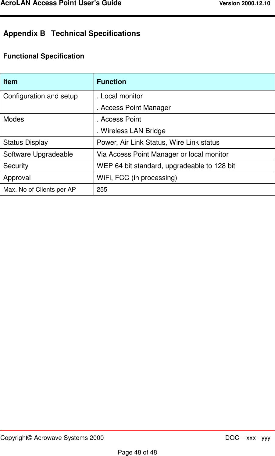 AcroLAN Access Point User’s Guide                                 Version 2000.12.10   Copyright© Acrowave Systems 2000                      DOC – xxx - yyy  Page 48 of 48 Appendix B  Technical Specifications  Functional Specification  Item Function Configuration and setup  . Local monitor . Access Point Manager Modes  . Access Point . Wireless LAN Bridge Status Display  Power, Air Link Status, Wire Link status Software Upgradeable  Via Access Point Manager or local monitor Security  WEP 64 bit standard, upgradeable to 128 bit Approval  WiFi, FCC (in processing) Max. No of Clients per AP  255   