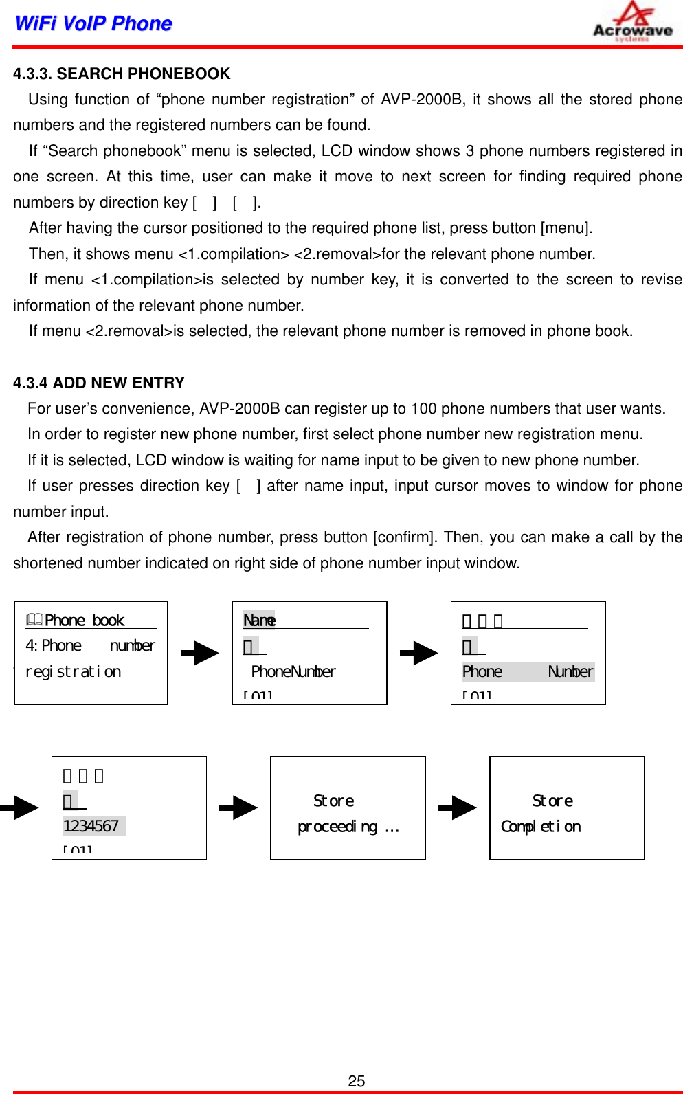 WWiiFFii  VVooIIPP  PPhhoonnee              4.3.3. SEARCH PHONEBOOK Using function of “phone number registration” of AVP-2000B, it shows all the stored phone numbers and the registered numbers can be found. If “Search phonebook” menu is selected, LCD window shows 3 phone numbers registered in one screen. At this time, user can make it move to next screen for finding required phone numbers by direction key [  ]  [  ]. After having the cursor positioned to the required phone list, press button [menu]. Then, it shows menu &lt;1.compilation&gt; &lt;2.removal&gt;for the relevant phone number. If menu &lt;1.compilation&gt;is selected by number key, it is converted to the screen to revise information of the relevant phone number. If menu &lt;2.removal&gt;is selected, the relevant phone number is removed in phone book.  4.3.4 ADD NEW ENTRY For user’s convenience, AVP-2000B can register up to 100 phone numbers that user wants. In order to register new phone number, first select phone number new registration menu. If it is selected, LCD window is waiting for name input to be given to new phone number. If user presses direction key [  ] after name input, input cursor moves to window for phone number input. After registration of phone number, press button [confirm]. Then, you can make a call by the shortened number indicated on right side of phone number input window.    4.3.         Phone󰚟book󰚟󰚟󰚟󰚟󰚟4:Phone󰚟 numberregistration󰚟Name󰚟󰚟󰚟󰚟󰚟󰚟󰚟󰚟󰚟󰚟󰚟󰚟가󰚟󰚟󰚟PhoneNumber󰚟󰚟󰚟󰚟[01]홍길동󰚟󰚟󰚟󰚟󰚟󰚟󰚟󰚟󰚟󰚟가󰚟󰚟Phone󰚟 Number[01]홍길동󰚟󰚟󰚟󰚟󰚟󰚟󰚟󰚟󰚟󰚟가󰚟󰚟1234567󰚟󰚟󰚟󰚟󰚟󰚟󰚟[01]󰚟󰚟󰚟󰚟󰚟Store󰚟proceeding󰚟… 󰚟󰚟󰚟󰚟󰚟󰚟Store󰚟Completion󰚟   25 