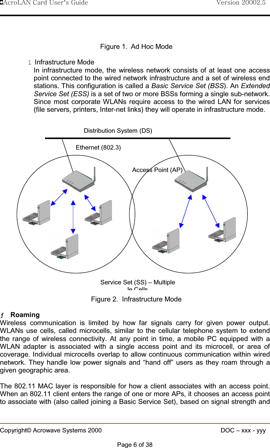 !AcroLAN Card User’s Guide                                Version 20002.5Copyright© Acrowave Systems 2000 DOC – xxx - yyyPage 6 of 38Figure 1. Ad Hoc ModelInfrastructure ModeIn infrastructure mode, the wireless network consists of at least one accesspoint connected to the wired network infrastructure and a set of wireless endstations. This configuration is called a Basic Service Set (BSS). An ExtendedService Set (ESS) is a set of two or more BSSs forming a single sub-network.Since most corporate WLANs require access to the wired LAN for services(file servers, printers, Inter-net links) they will operate in infrastructure mode.Figure 2. Infrastructure ModeƒƒƒƒRoamingWireless communication is limited by how far signals carry for given power output.WLANs use cells, called microcells, similar to the cellular telephone system to extendthe range of wireless connectivity. At any point in time, a mobile PC equipped with aWLAN adapter is associated with a single access point and its microcell, or area ofcoverage. Individual microcells overlap to allow continuous communication within wirednetwork. They handle low power signals and “hand off” users as they roam through agiven geographic area.The 802.11 MAC layer is responsible for how a client associates with an access point.When an 802.11 client enters the range of one or more APs, it chooses an access pointto associate with (also called joining a Basic Service Set), based on signal strength andDistribution System (DS)Service Set (SS) – Multiplele CellsAccess Point (AP)Ethernet (802.3)