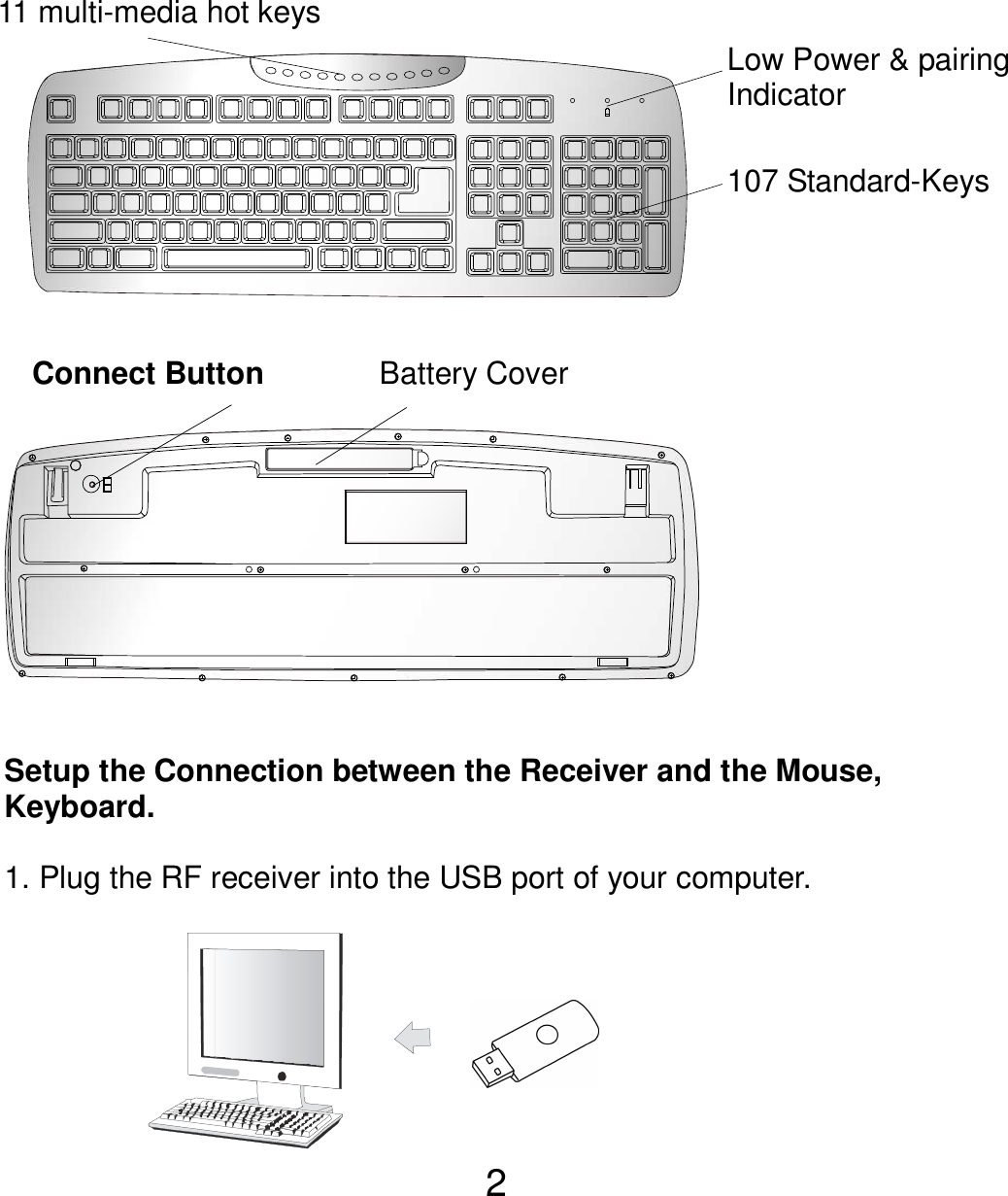  2            Setup the Connection between the Receiver and the Mouse, Keyboard.  1. Plug the RF receiver into the USB port of your computer.        11 multi-media hot keys Low Power &amp; pairing Indicator  107 Standard-Keys Connect Button  Battery Cover  