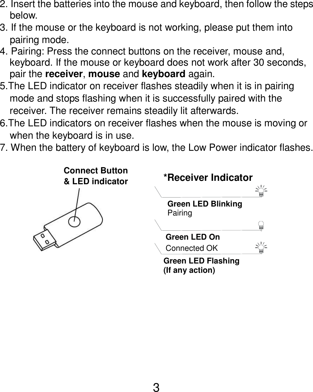  3  2. Insert the batteries into the mouse and keyboard, then follow the steps     below. 3. If the mouse or the keyboard is not working, please put them into       pairing mode. 4. Pairing: Press the connect buttons on the receiver, mouse and, keyboard. If the mouse or keyboard does not work after 30 seconds, pair the receiver, mouse and keyboard again. 5.The LED indicator on receiver flashes steadily when it is in pairing     mode and stops flashing when it is successfully paired with the     receiver. The receiver remains steadily lit afterwards. 6.The LED indicators on receiver flashes when the mouse is moving or       when the keyboard is in use.             7. When the battery of keyboard is low, the Low Power indicator flashes.                 Connect Button &amp; LED indicator  Pairing *Receiver Indicator Green LED Blinking   Green LED On   Connected OK Green LED Flashing (If any action) 