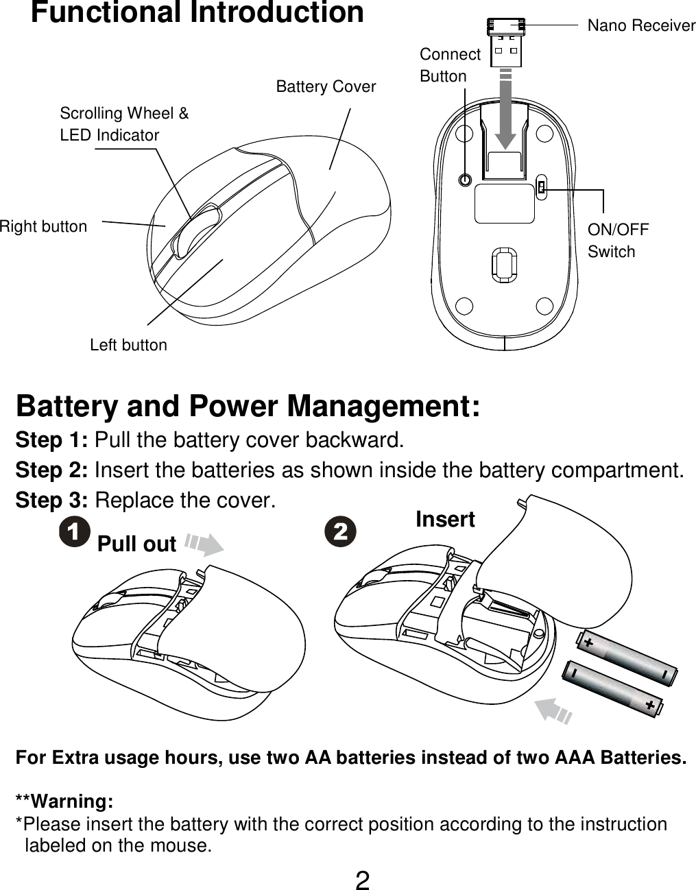  2   Functional Introduction                 Battery and Power Management: Step 1: Pull the battery cover backward. Step 2: Insert the batteries as shown inside the battery compartment. Step 3: Replace the cover.          For Extra usage hours, use two AA batteries instead of two AAA Batteries.  **Warning: *Please insert the battery with the correct position according to the instruction       labeled on the mouse. Left button Right button  Battery Cover Connect   Button   ON/OFF Switch  Scrolling Wheel &amp; LED Indicator  Pull out Insert Nano Receiver 