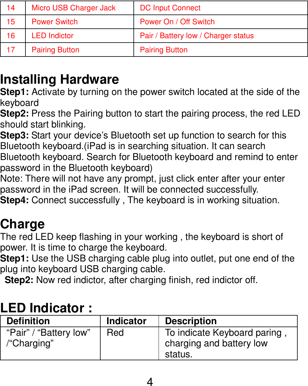  4 14  Micro USB Charger Jack  DC Input Connect 15  Power Switch  Power On / Off Switch 16  LED Indictor  Pair / Battery low / Charger status 17  Pairing Button    Pairing Button  Installing Hardware Step1: Activate by turning on the power switch located at the side of the keyboard   Step2: Press the Pairing button to start the pairing process, the red LED should start blinking. Step3: Start your device’s Bluetooth set up function to search for this Bluetooth keyboard.(iPad is in searching situation. It can search Bluetooth keyboard. Search for Bluetooth keyboard and remind to enter password in the Bluetooth keyboard) Note: There will not have any prompt, just click enter after your enter password in the iPad screen. It will be connected successfully. Step4: Connect successfully , The keyboard is in working situation.  Charge The red LED keep flashing in your working , the keyboard is short of power. It is time to charge the keyboard. Step1: Use the USB charging cable plug into outlet, put one end of the plug into keyboard USB charging cable.   Step2: Now red indictor, after charging finish, red indictor off.  LED Indicator :   Definition Indicator Description “Pair” / “Battery low” /“Charging”  Red  To indicate Keyboard paring , charging and battery low status.  