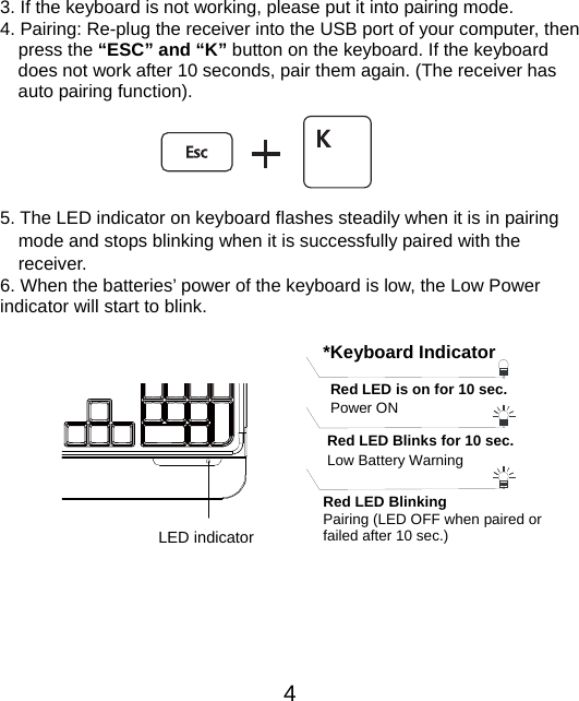  4  3. If the keyboard is not working, please put it into pairing mode. 4. Pairing: Re-plug the receiver into the USB port of your computer, then press the “ESC” and “K” button on the keyboard. If the keyboard does not work after 10 seconds, pair them again. (The receiver has auto pairing function).      5. The LED indicator on keyboard flashes steadily when it is in pairing     mode and stops blinking when it is successfully paired with the   receiver.  6. When the batteries’ power of the keyboard is low, the Low Power indicator will start to blink.   LED indicator Power ON *Keyboard IndicatorRed LED is on for 10 sec.   Red LED Blinking Pairing (LED OFF when paired or   failed after 10 sec.) Red LED Blinks for 10 sec. Low Battery Warning 