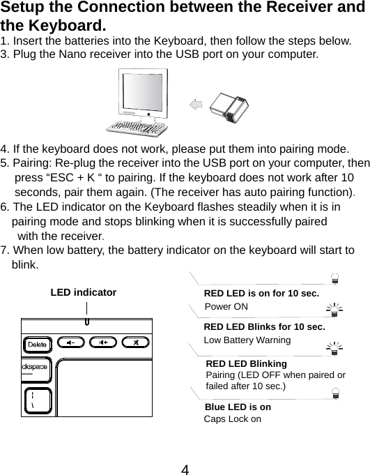  4Setup the Connection between the Receiver and the Keyboard. 1. Insert the batteries into the Keyboard, then follow the steps below.   3. Plug the Nano receiver into the USB port on your computer.       4. If the keyboard does not work, please put them into pairing mode. 5. Pairing: Re-plug the receiver into the USB port on your computer, then   press “ESC + K “ to pairing. If the keyboard does not work after 10 seconds, pair them again. (The receiver has auto pairing function). 6. The LED indicator on the Keyboard flashes steadily when it is in pairing mode and stops blinking when it is successfully paired   with the receiver. 7. When low battery, the battery indicator on the keyboard will start to blink.               LED indicator RED LED Blinks for 10 sec. Low Battery Warning   RED LED is on for 10 sec.   Power ON RED LED Blinking Pairing (LED OFF when paired or   failed after 10 sec.) Blue LED is on   Caps Lock on   