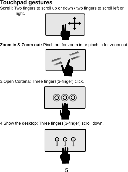  5Touchpad gestures  Scroll: Two fingers to scroll up or down / two fingers to scroll left or   right.       Zoom in &amp; Zoom out: Pinch out for zoom in or pinch in for zoom out.       3.Open Cortana: Three fingers(3-finger) click.          4.Show the desktop: Three fingers(3-finger) scroll down.        