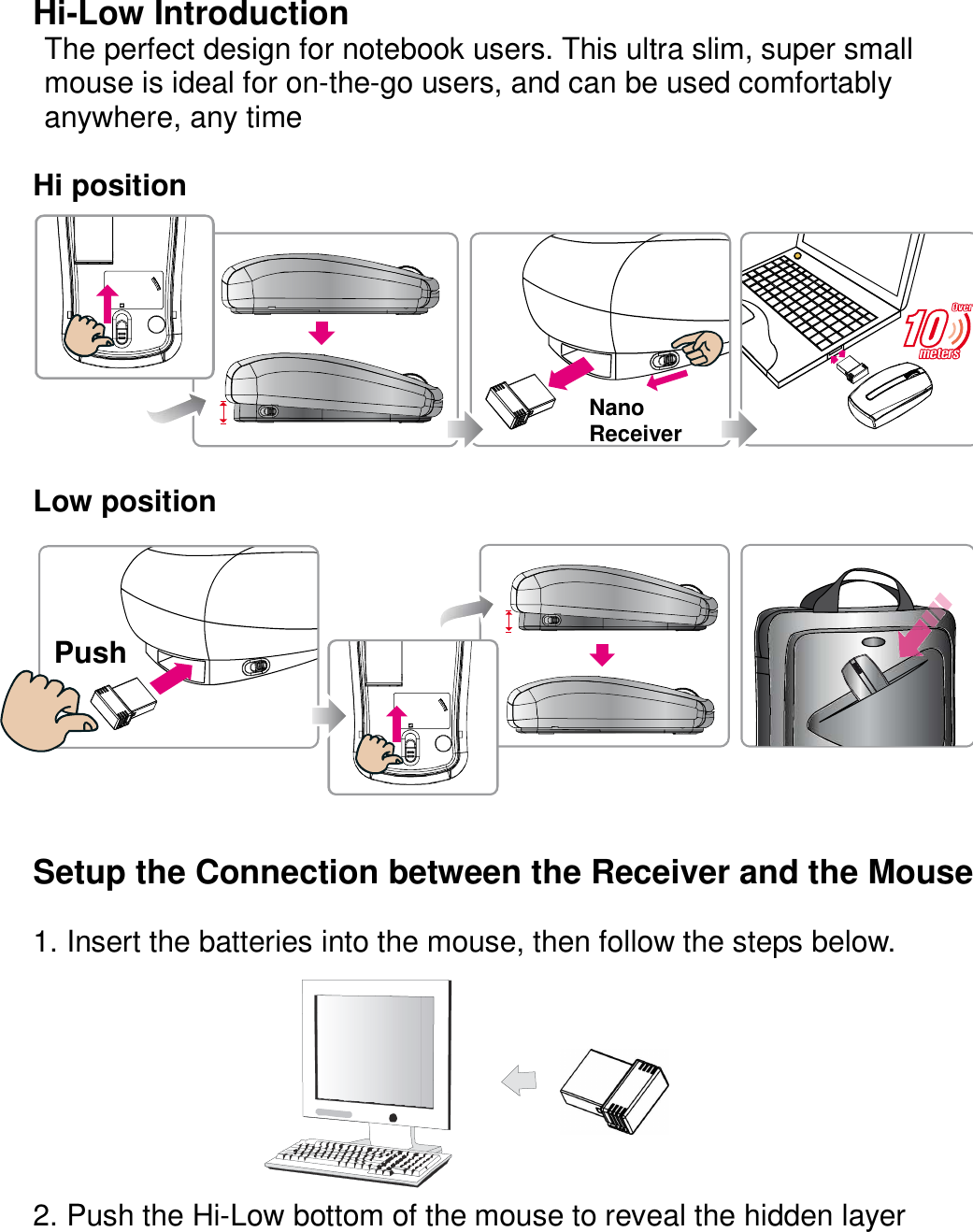 Hi-Low Introduction The perfect design for notebook users. This ultra slim, super small mouse is ideal for on-the-go users, and can be used comfortably anywhere, any time  Hi position       Low position         Setup the Connection between the Receiver and the Mouse  1. Insert the batteries into the mouse, then follow the steps below.        2. Push the Hi-Low bottom of the mouse to reveal the hidden layer  Nano  Receiver Push  