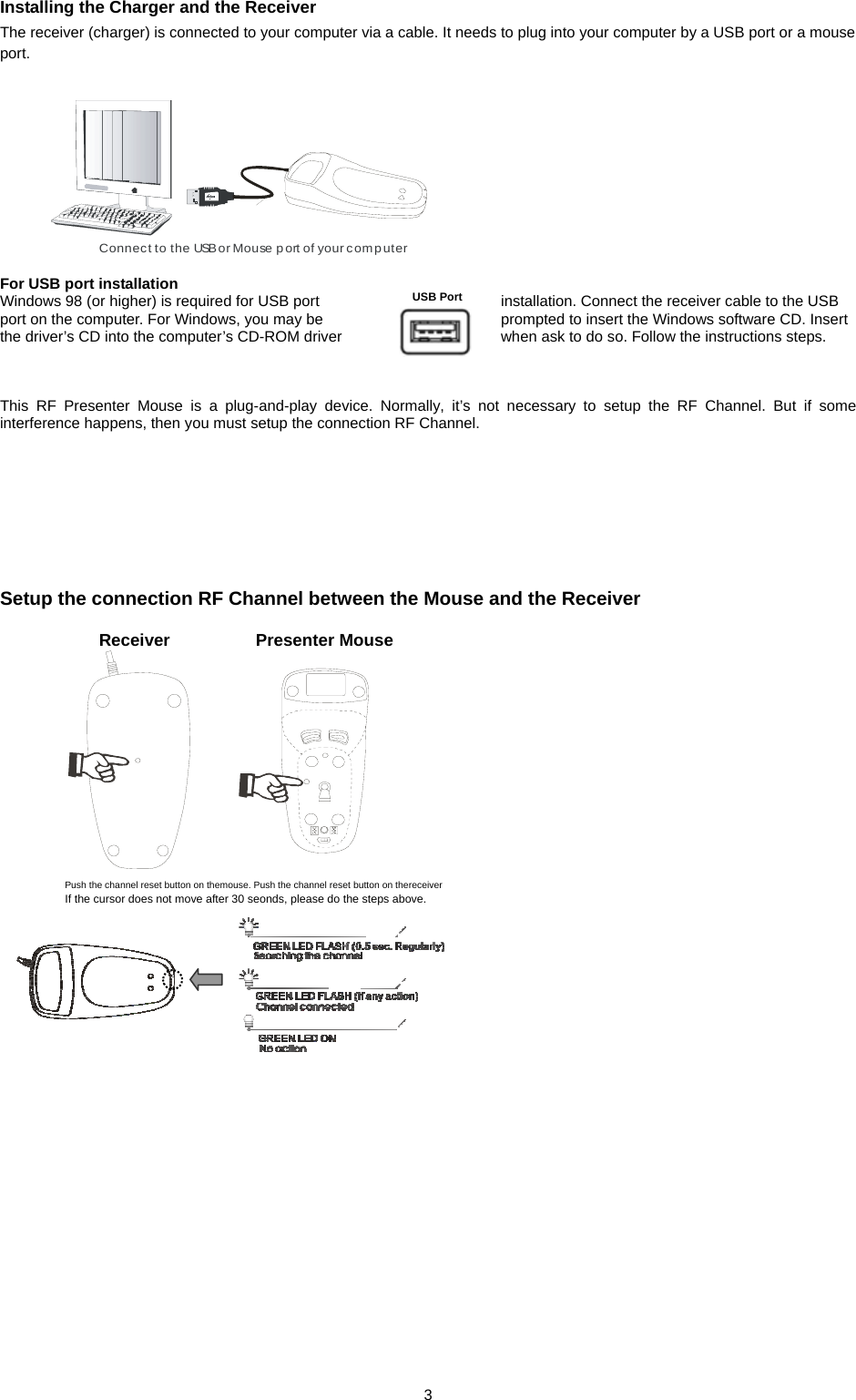  3USB Port Connect to the USB or Mouse port of your computer    Installing the Charger and the Receiver The receiver (charger) is connected to your computer via a cable. It needs to plug into your computer by a USB port or a mouse port.                  For USB port installation Windows 98 (or higher) is required for USB port  installation. Connect the receiver cable to the USB port on the computer. For Windows, you may be  prompted to insert the Windows software CD. Insert the driver’s CD into the computer’s CD-ROM driver  when ask to do so. Follow the instructions steps.             This RF Presenter Mouse is a plug-and-play device. Normally, it’s not necessary to setup the RF Channel. But if some interference happens, then you must setup the connection RF Channel.              Setup the connection RF Channel between the Mouse and the Receiver                                          Receiver          Presenter Mouse Push the channel reset button on themouse. Push the channel reset button on thereceiver If the cursor does not move after 30 seonds, please do the steps above. 