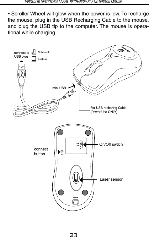 23TARGUS BLUETOOTH® LASER  RECHARGEABLE NOTEBOOK MOUSE• Scroller Wheel will glow when the power is low. To recharge the mouse, plug in the USB Recharging Cable to the mouse, and plug the USB tip to the computer. The mouse is opera-tional while charging.mini USBNotebookDesktopconnect to USB plugFor USB recharing Cable(Power Use ONLY)OPENIDonoffconnectbuttonOn/Off swtichLaser sensor