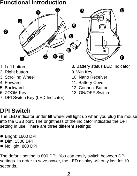  2Functional Introduction            1. Left button  8. Battery status LED Indicator2. Right button  9. Win Key 3. Scrolling Wheel  10. Nano Receiver 4. Forward  11. Battery Cover 5. Backward  12. Connect Button 6. ZOOM Key  13. ON/OFF Switch 7. DPI Switch Key (LED Indicator)   DPI Switch The LED indicator under tilt wheel will light up when you plug the mouse into the USB port. The brightness of the indicator indicates the DPI setting in use. There are three different settings:  z Bright: 1600 DPI       z Dim: 1300 DPI       z No light: 800 DPI  The default setting is 800 DPI. You can easily switch between DPI settings. In order to save power, the LED display will only last for 10 seconds. 