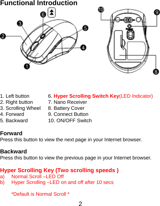  2Functional Introduction     1. Left button  6. Hyper Scrolling Switch Key(LED Indicator)2. Right button  7. Nano Receiver 3. Scrolling Wheel  8. Battery Cover 4. Forward  9. Connect Button 5. Backward  10. ON/OFF Switch  Forward  Press this button to view the next page in your Internet browser.  Backward  Press this button to view the previous page in your Internet browser.  Hyper Scrolling Key (Two scrolling speeds ) a)  Normal Scroll –LED Off b)  Hyper Scrolling –LED on and off after 10 secs  *Default is Normal Scroll *   