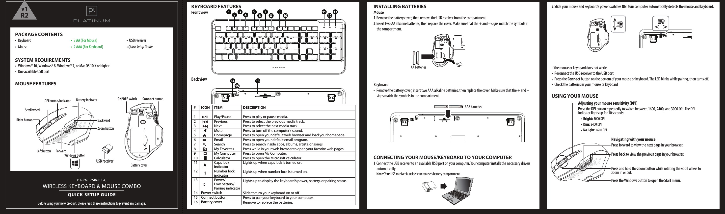 PT-PNC7506BK-C WIRELESS KEYBOARD &amp; MOUSE COMBOQUICK SETUP GUIDEBefore using your new product, please read these instructions to prevent any damage.PACKAGE CONTENTS• Keyboard  •  2 AA (For Mouse)     •  USB receiver• Mouse  •  2 AAA (For Keyboard)   • Quick Setup GuideSYSTEM REQUIREMENTS•  Windows® 10, Windows® 8, Windows® 7, or Mac OS 10.X or higher•  One available USB portMOUSE FEATURES 2 Slide your mouse and keyboard’s power switches ON. Your computer automatically detects the mouse and keyboard.If the mouse or keyboard does not work:•  Reconnect the USB receiver to the USB port. • Press the Connect button on the bottom of your mouse or keyboard. The LED blinks while pairing, then turns o.•  Check the batteries in your mouse or keyboardUSING YOUR MOUSEKEYBOARD FEATURES Front viewBack viewConnect buttonON/OFF switchBattery coverINSTALLING BATTERIESMouse1 Remove the battery cover, then remove the USB receiver from the compartment. 2 Insert two AA alkaline batteries, then replace the cover. Make sure that the + and – signs match the symbols in the compartment.Keyboard•  Remove the battery cover, insert two AAA alkaline batteries, then replace the cover. Make sure that the + and – signs match the symbols in the compartment.CONNECTING YOUR MOUSE/KEYBOARD TO YOUR COMPUTER1 Connect the USB receiver to an available USB port on your computer. Your computer installs the necessary drivers automatically. Note: Your USB receiver is inside your mouse&apos;s battery compartment. USB receiverRight buttonScroll wheelDPI button/indicatorLeft button ForwardWindows buttonBattery indicatorBackwardZoom button# ICON ITEM1   Play/Pause2   Previous3   Next4   Mute5   Homepage6   Email7   Search8   My Favorites9   My Computer10   Calculator11   Caps lock    indicator12   Number lock   indicator13   Power/   Low battery/   Pairing indicator14 Power switch15 Connect button16 Battery coverDESCRIPTIONPress to play or pause media.Press to select the previous media track.Press to select the next media track.Press to turn o the computer’s sound.Press to open your default web browser and load your homepage.Press to open your default email program.Press to search inside apps, albums, artists, or songs.Press while in your web browser to open your favorite web pages.Press to open My Computer.Press to open the Microsoft calculator.Lights up when caps lock is turned on.Lights up when number lock is turned on.Lights up to display the keyboard’s power, battery, or pairing status.Slide to turn your keyboard on or o.Press to pair your keyboard to your computer.Remove to replace the batteries.AAA batteriesAA batteriesNavigating with your mousePress forward to view the next page in your browser.Press back to view the previous page in your browser.Press and hold the zoom button while rotating the scroll wheel to zoom in or out.Press the Windows button to open the Start menu.Adjusting your mouse sensitivity (DPI)Press the DPI button repeatedly to switch between 1600, 2400, and 3000 DPI. The DPI indicator lights up for 10 seconds: •  Bright: 3000 DPI  •  Dim: 2400 DPI •  No light: 1600 DPIv1R2