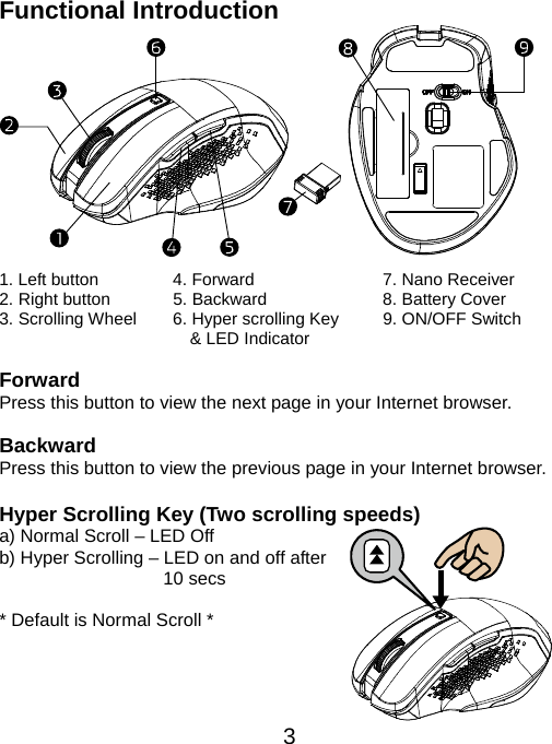  3Functional Introduction            1. Left button  4. Forward  7. Nano Receiver 2. Right button  5. Backward  8. Battery Cover 3. Scrolling Wheel  6. Hyper scrolling Key   &amp; LED Indicator  9. ON/OFF Switch  Forward  Press this button to view the next page in your Internet browser.  Backward  Press this button to view the previous page in your Internet browser.  Hyper Scrolling Key (Two scrolling speeds)   a) Normal Scroll – LED Off b) Hyper Scrolling – LED on and off after                     10 secs  * Default is Normal Scroll *    