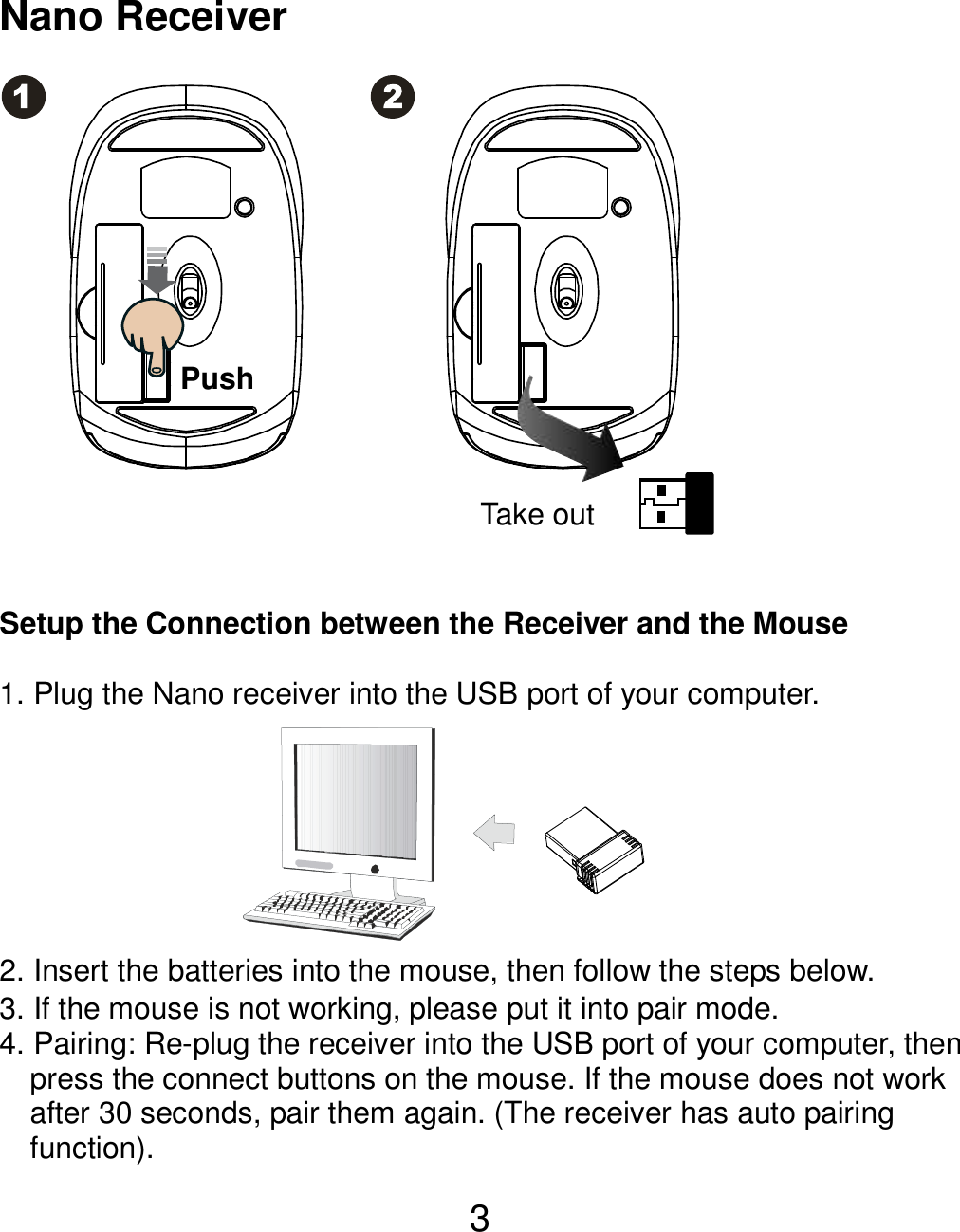  3 Nano Receiver                 Setup the Connection between the Receiver and the Mouse  1. Plug the Nano receiver into the USB port of your computer.        2. Insert the batteries into the mouse, then follow the steps below. 3. If the mouse is not working, please put it into pair mode. 4. Pairing: Re-plug the receiver into the USB port of your computer, then press the connect buttons on the mouse. If the mouse does not work after 30 seconds, pair them again. (The receiver has auto pairing function). Take out Push 