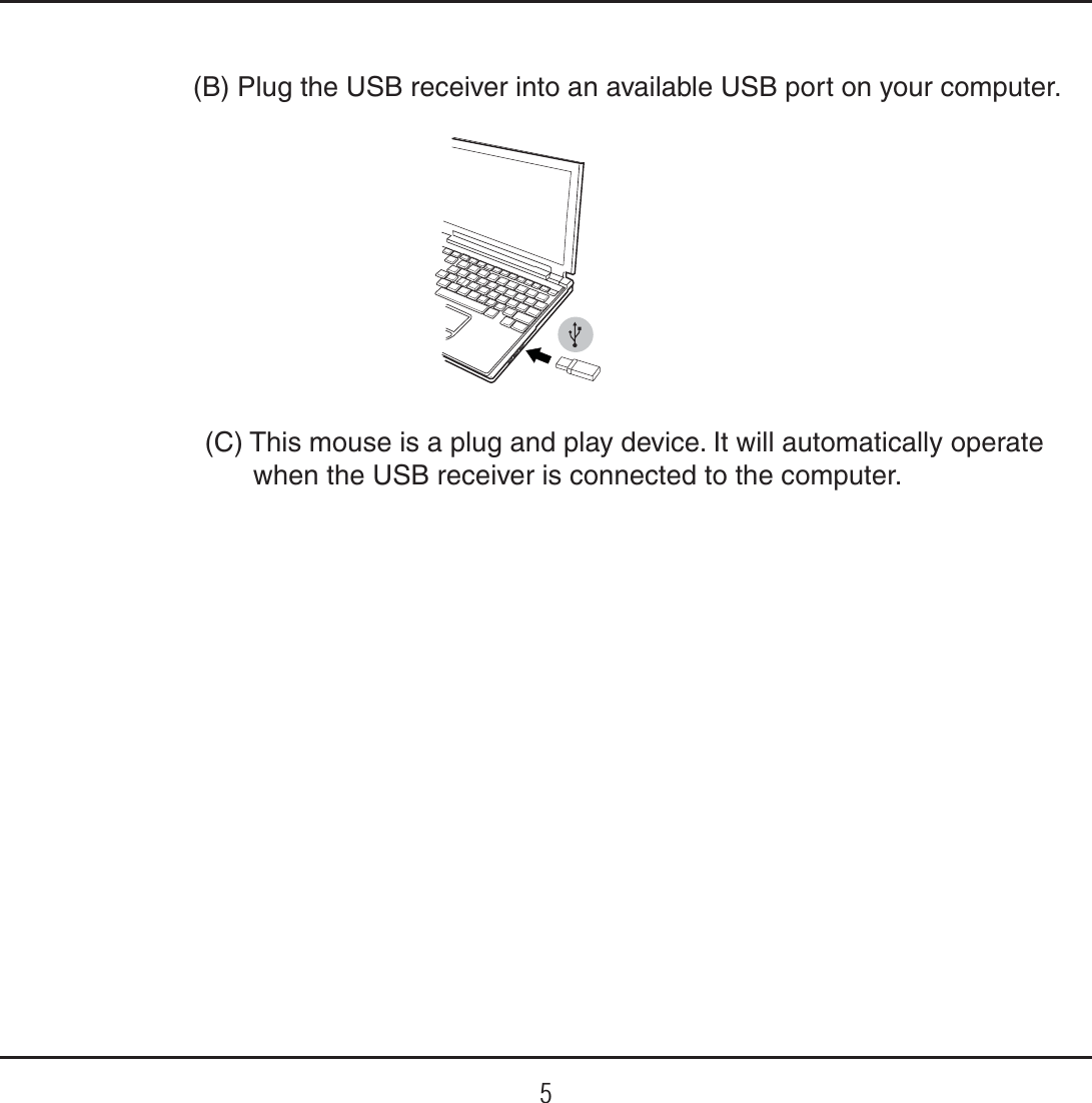 5(C) This mouse is a plug and play device. It will automatically operate when the USB receiver is connected to the computer.(B) Plug the USB receiver into an available USB port on your computer.