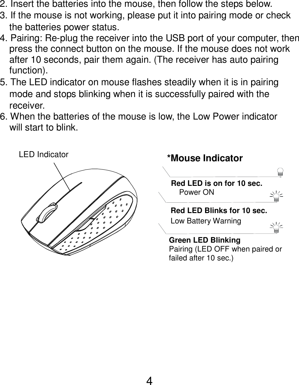  4 2. Insert the batteries into the mouse, then follow the steps below. 3. If the mouse is not working, please put it into pairing mode or check       the batteries power status. 4. Pairing: Re-plug the receiver into the USB port of your computer, then press the connect button on the mouse. If the mouse does not work after 10 seconds, pair them again. (The receiver has auto pairing function). 5. The LED indicator on mouse flashes steadily when it is in pairing     mode and stops blinking when it is successfully paired with the     receiver.   6. When the batteries of the mouse is low, the Low Power indicator                 will start to blink.           LED Indicator  *Mouse Indicator  Red LED Blinks for 10 sec. Low Battery Warning    Red LED is on for 10 sec.    Power ON  Green LED Blinking Pairing (LED OFF when paired or   failed after 10 sec.)  