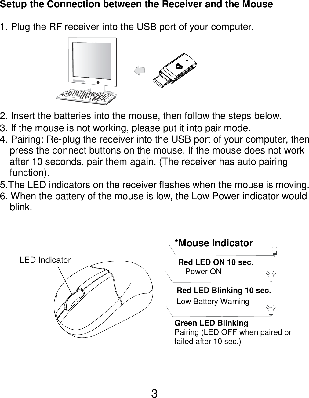  3  Setup the Connection between the Receiver and the Mouse  1. Plug the RF receiver into the USB port of your computer.        2. Insert the batteries into the mouse, then follow the steps below. 3. If the mouse is not working, please put it into pair mode. 4. Pairing: Re-plug the receiver into the USB port of your computer, then press the connect buttons on the mouse. If the mouse does not work after 10 seconds, pair them again. (The receiver has auto pairing function). 5.The LED indicators on the receiver flashes when the mouse is moving. 6. When the battery of the mouse is low, the Low Power indicator would       blink.                  LED Indicator  *Mouse Indicator  Red LED Blinking 10 sec. Low Battery Warning    Red LED ON 10 sec.   Power ON  Green LED Blinking Pairing (LED OFF when paired or   failed after 10 sec.)  