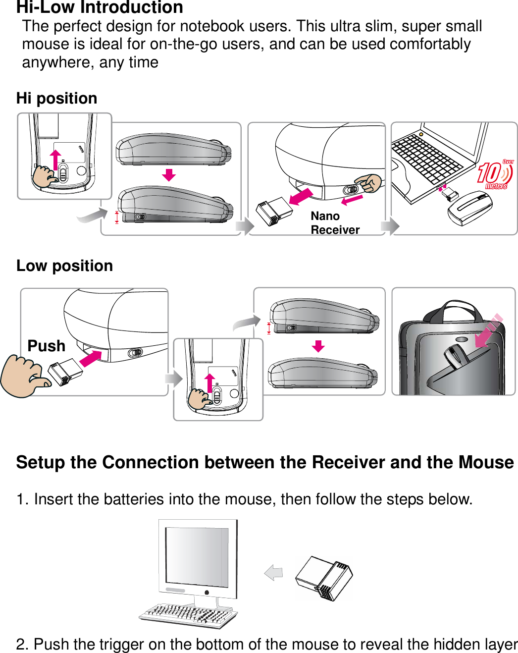 Hi-Low Introduction The perfect design for notebook users. This ultra slim, super small mouse is ideal for on-the-go users, and can be used comfortably anywhere, any time  Hi position       Low position         Setup the Connection between the Receiver and the Mouse  1. Insert the batteries into the mouse, then follow the steps below.        2. Push the trigger on the bottom of the mouse to reveal the hidden layer  Nano  Receiver Push  