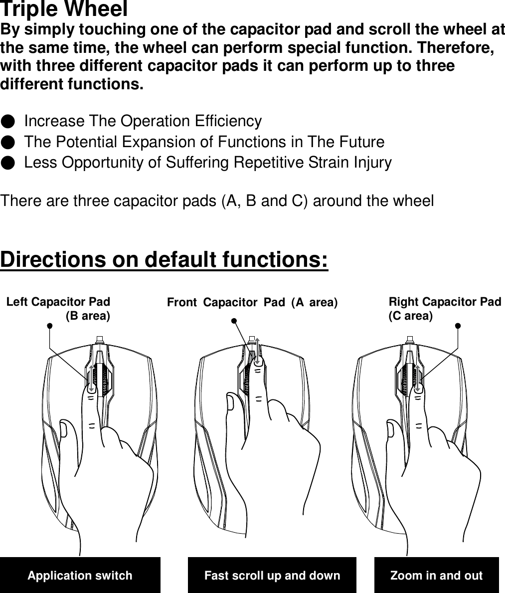Triple Wheel By simply touching one of the capacitor pad and scroll the wheel at the same time, the wheel can perform special function. Therefore, with three different capacitor pads it can perform up to three different functions.    ●  Increase The Operation Efficiency ●  The Potential Expansion of Functions in The Future ●  Less Opportunity of Suffering Repetitive Strain Injury  There are three capacitor pads (A, B and C) around the wheel   Directions on default functions:                     Left Capacitor Pad (B area) Right Capacitor Pad (C area)    Front  Capacitor  Pad  (A  area) Application switch  Fast scroll up and down  Zoom in and out 