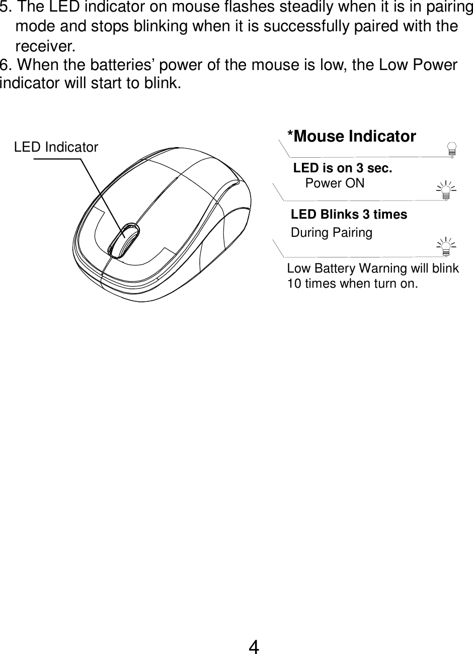  4 5. The LED indicator on mouse flashes steadily when it is in pairing     mode and stops blinking when it is successfully paired with the     receiver.   6. When the batteries’ power of the mouse is low, the Low Power indicator will start to blink.        LED Indicator *Mouse Indicator  LED Blinks 3 times During Pairing    LED is on 3 sec.    Power ON  Low Battery Warning will blink   10 times when turn on. 