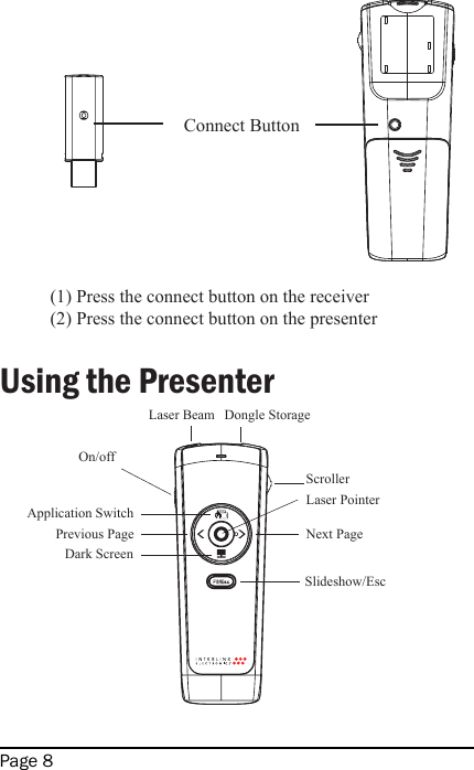 Page 8 Using the Presenter                                     Connect Button (1) Press the connect button on the receiver(2) Press the connect button on the presenter Laser Beam Dongle StorageOn/offApplication SwitchPrevious PageDark ScreenSlideshow/EscNext PageLaser PointerScroller