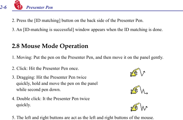 2-6 Presenter Pen 2. Click: Hit the Presenter Pen once.3. Dragging: Hit the Presenter Pen twice quickly, hold and move the pen on the panel while second pen down.4. Double click: It the Presenter Pen twice quickly.5. The left and right buttons are act as the left and right buttons of the mouse.2.8 Mouse Mode Operation1. Moving: Put the pen on the Presenter Pen, and then move it on the panel gently.2. Press the [ID matching] button on the back side of the Presenter Pen.3. An [ID-matching is successful] window appears when the ID matching is done.