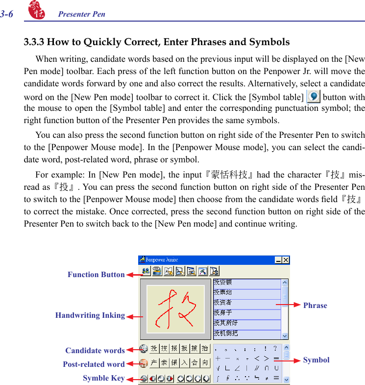 3-6 Presenter Pen 3.3.3 How to Quickly Correct, Enter Phrases and SymbolsWhen writing, candidate words based on the previous input will be displayed on the [New Pen mode] toolbar. Each press of the left function button on the Penpower Jr. will move the candidate words forward by one and also correct the results. Alternatively, select a candidate word on the [New Pen mode] toolbar to correct it. Click the [Symbol table]   button with the mouse to open the [Symbol table] and enter the corresponding punctuation symbol; the right function button of the Presenter Pen provides the same symbols.You can also press the second function button on right side of the Presenter Pen to switch to the [Penpower Mouse mode]. In the [Penpower Mouse mode], you can select the candi-date word, post-related word, phrase or symbol.  For example: In  [New Pen  mode], the input『蒙恬科技』had the character『技』mis-read as『投』. You can press the second function button on right side of the Presenter Pen to switch to the [Penpower Mouse mode] then choose from the candidate words eld『技』to correct the mistake. Once corrected, press the second function button on right side of the Presenter Pen to switch back to the [New Pen mode] and continue writing.Function ButtonHandwriting InkingPhraseSymbolCandidate wordsPost-related wordSymble Key