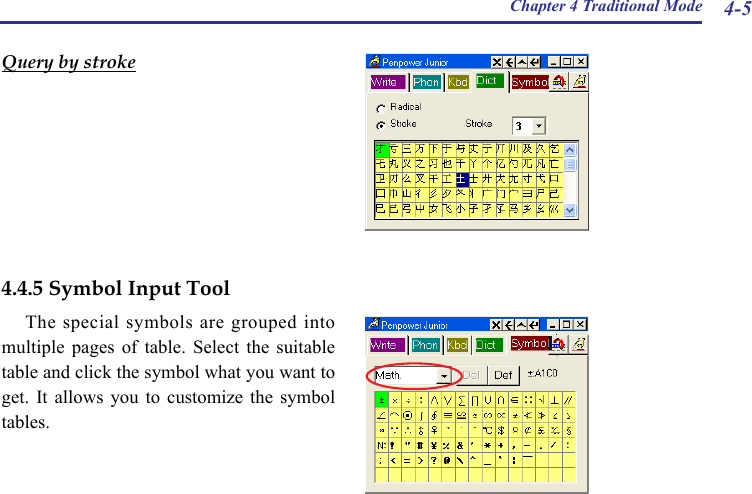 Chapter 4 Traditional Mode 4-54.4.5 Symbol Input ToolThe special symbols are grouped into multiple  pages  of  table.  Select  the  suitable table and click the symbol what you want to get.  It  allows  you  to  customize  the  symbol tables.Query by stroke