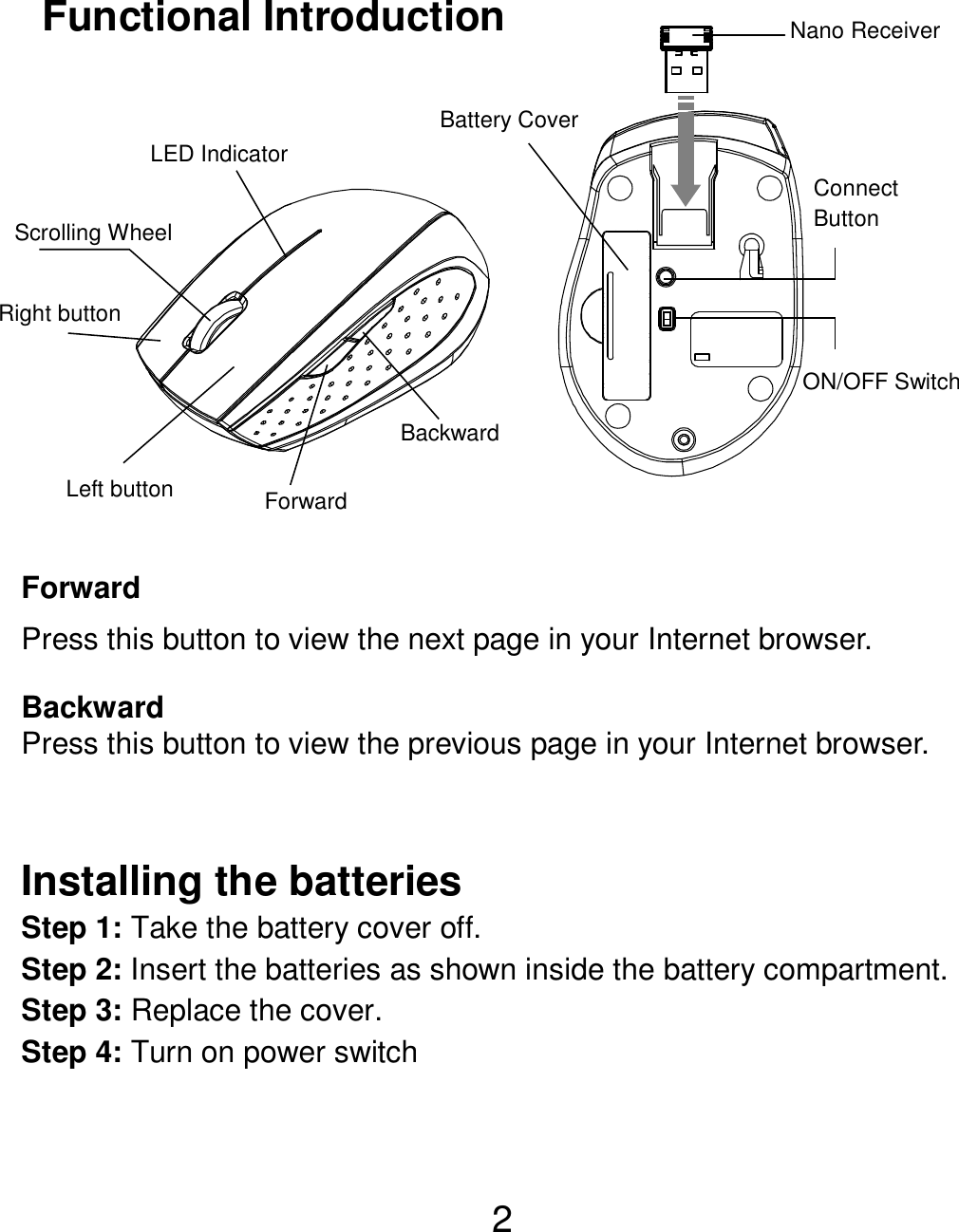  2   Functional Introduction             Forward Press this button to view the next page in your Internet browser.  Backward Press this button to view the previous page in your Internet browser.   Installing the batteries Step 1: Take the battery cover off. Step 2: Insert the batteries as shown inside the battery compartment. Step 3: Replace the cover. Step 4: Turn on power switch    Left button Right button  Battery Cover Scrolling Wheel   Connect   Button   ON/OFF Switch  Nano Receiver LED Indicator Backward Forward 